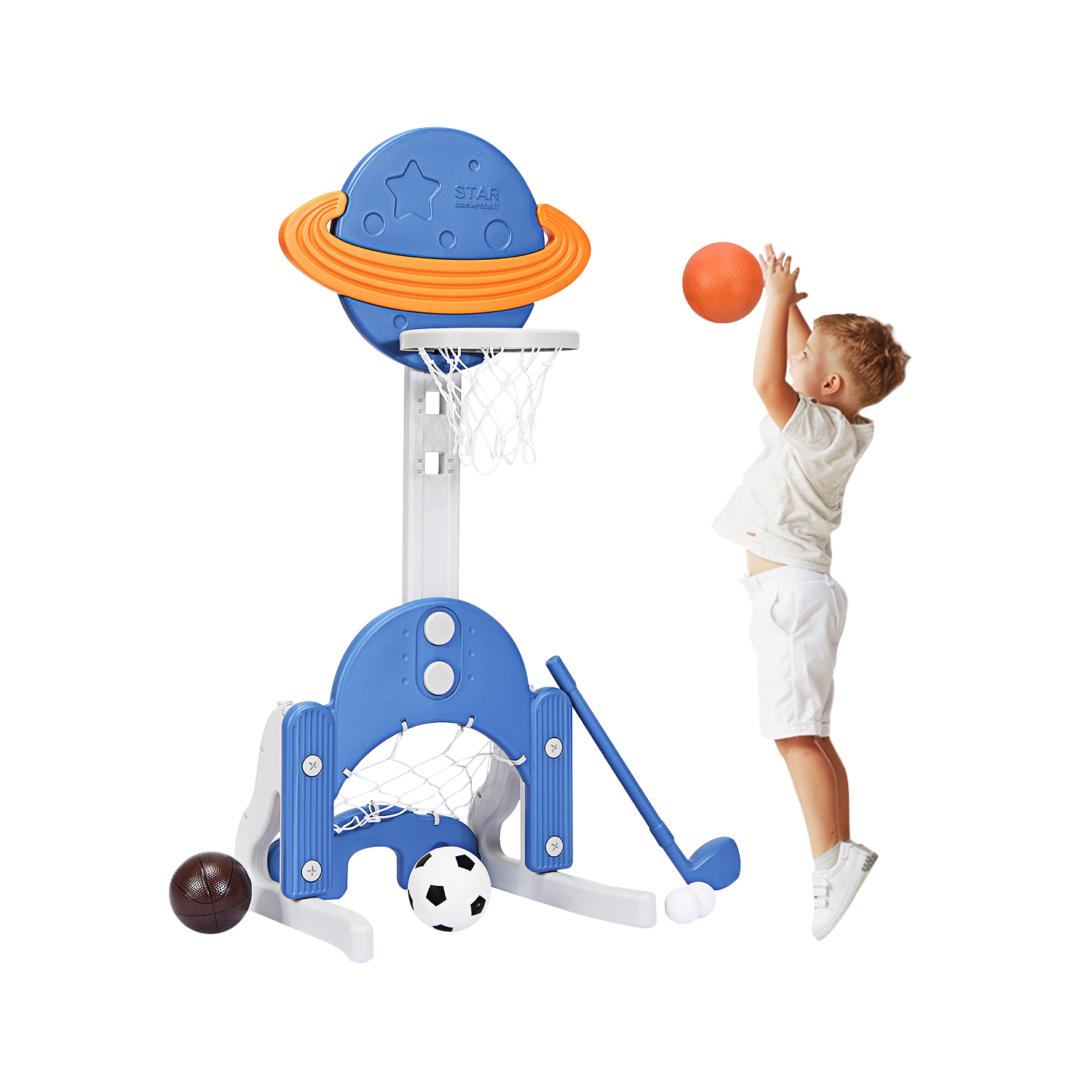 Topbuy 3-in-1 Basketball Hoop Set Stand Toddler Basketball Hoop Game Set Blue