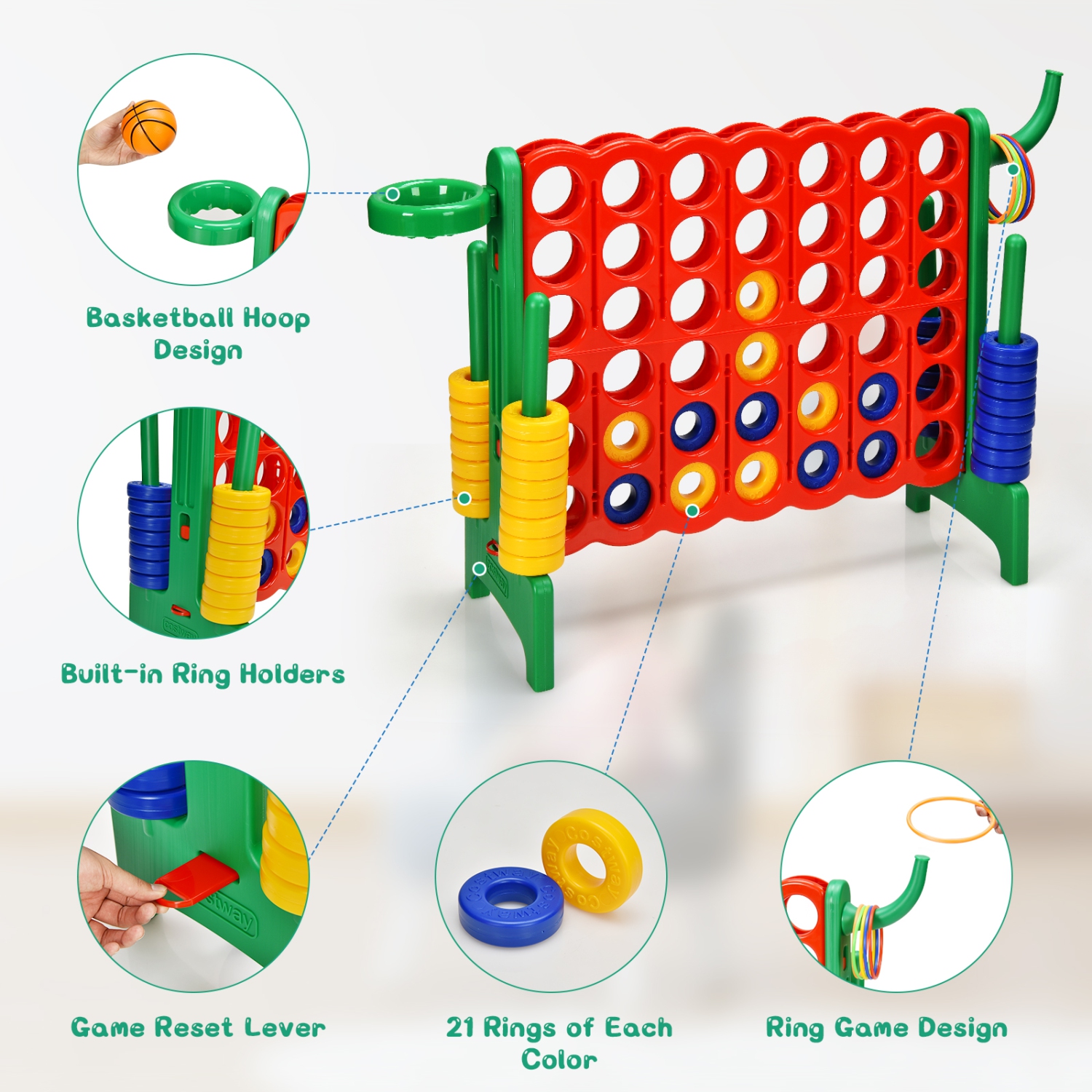 Topbuy 4-to-Score Giant Game Set for Kids Educational Toys with Ring Game and Basketball Hoop Indoor Outdoor