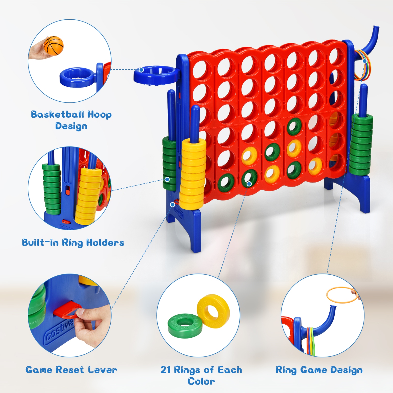 Topbuy 4-to-Score Giant Game Set for Kids Educational Toys with Ring Game and Basketball Hoop Indoor Outdoor