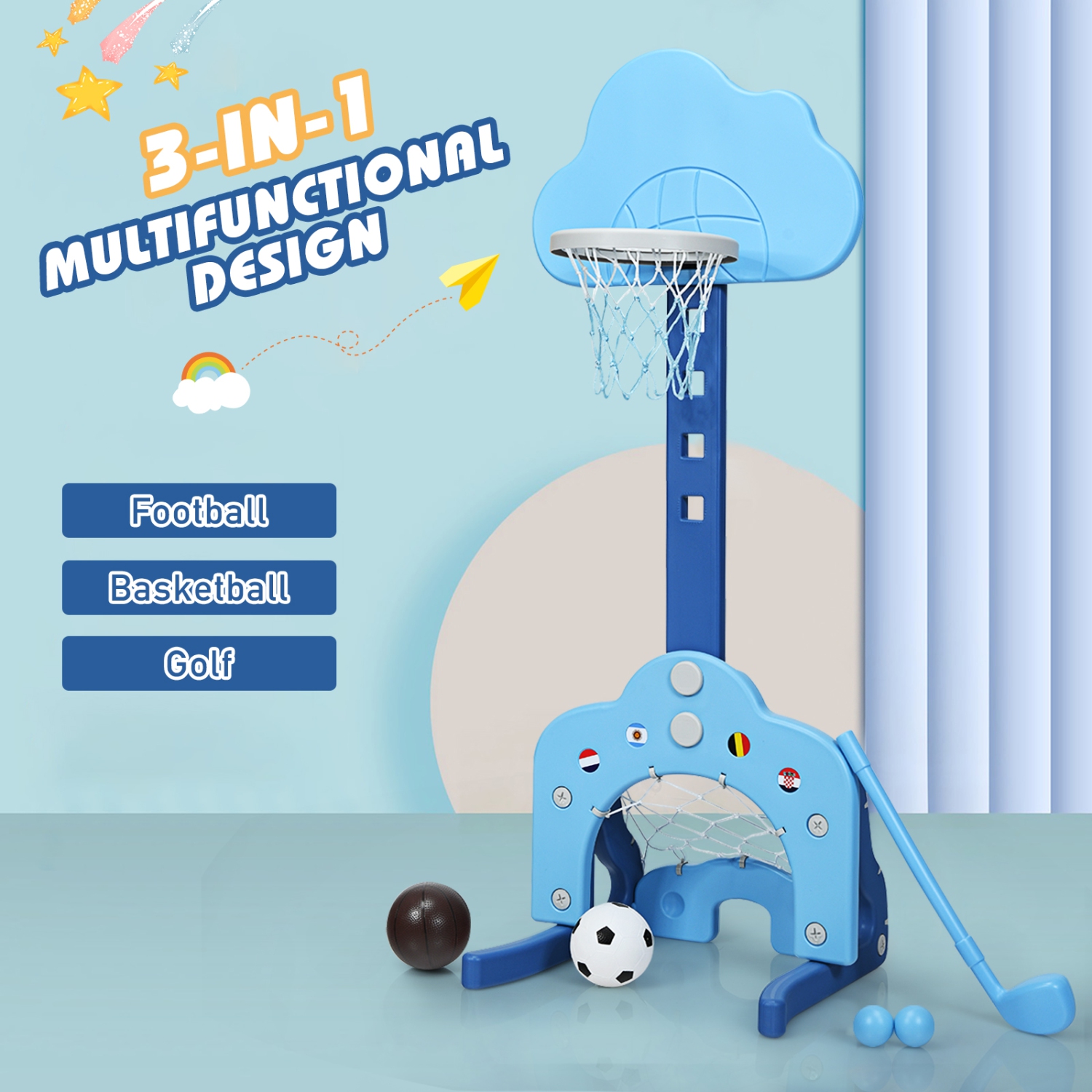 Topbuy 3-in-1 Basketball Hoop Set Stand Toddler Basketball Hoop Game Set Blue