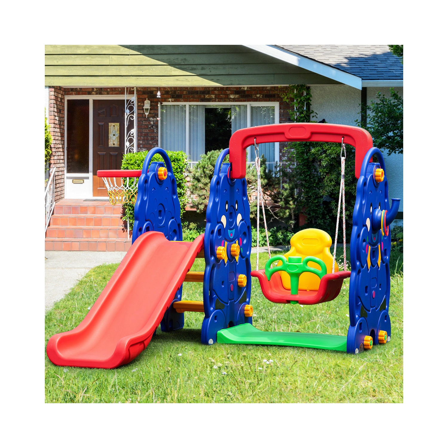 Topbuy 3 in 1 Children Playset Climber Swing Seat & Basketball Hoop