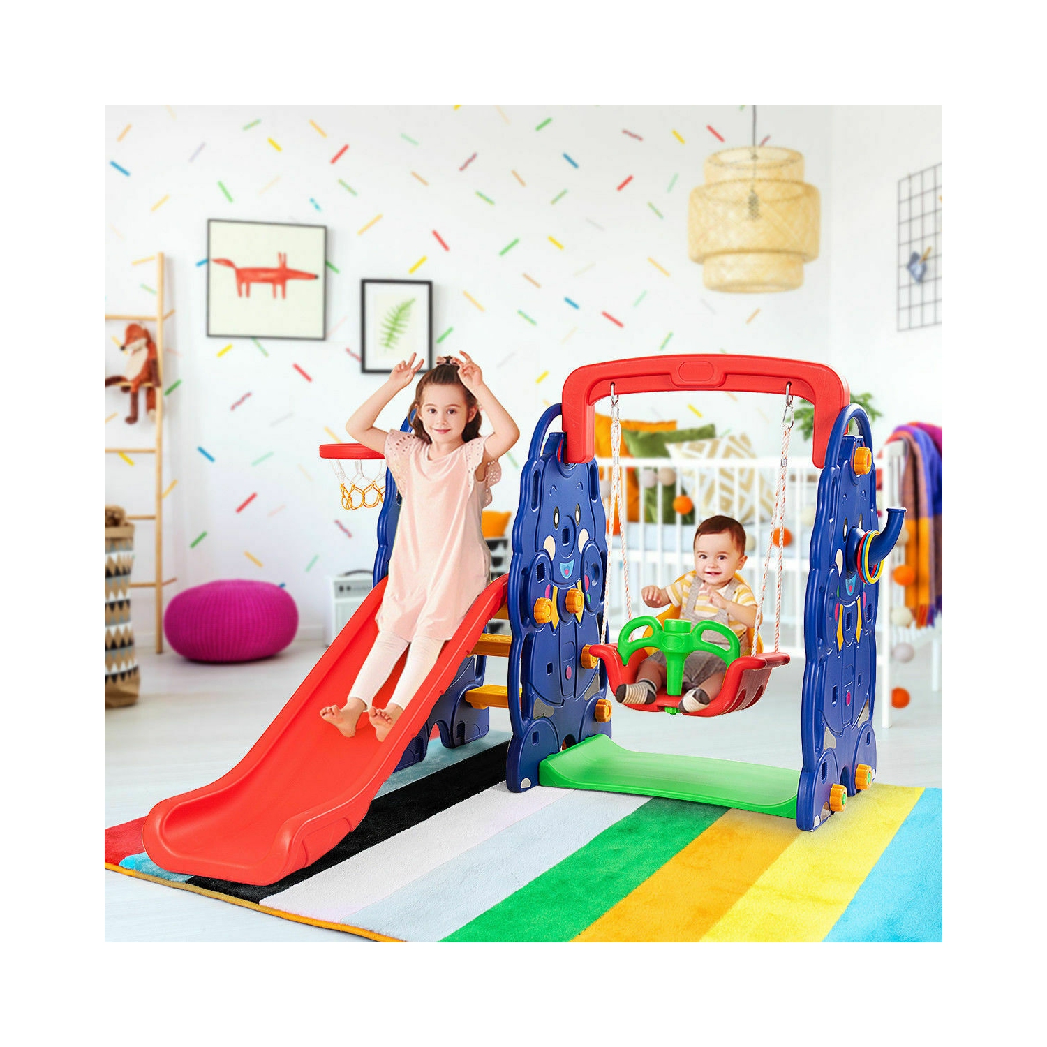 Topbuy 3 in 1 Children Playset Climber Swing Seat & Basketball Hoop