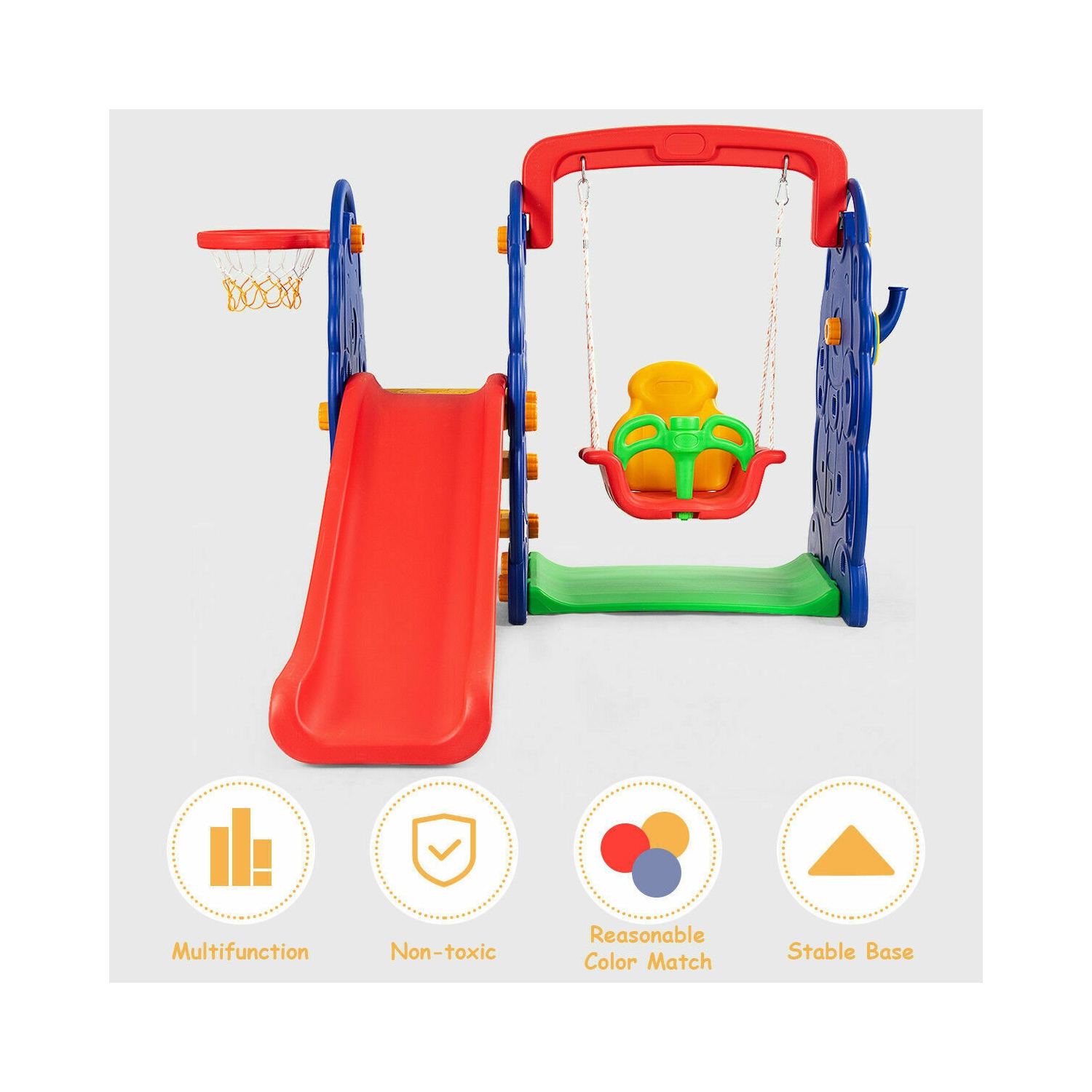 Topbuy 3 in 1 Children Playset Climber Swing Seat & Basketball Hoop