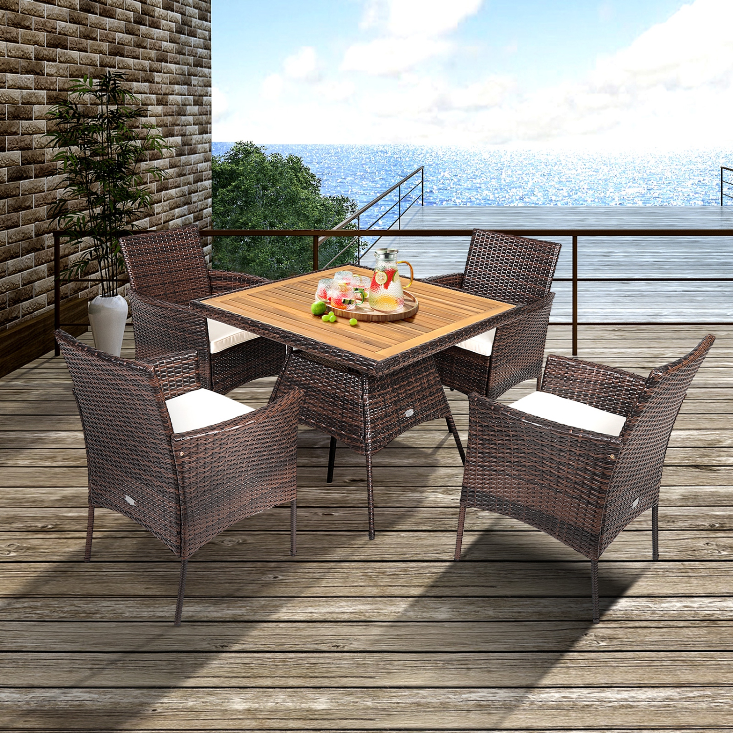 Patiojoy Patio Rattan Conversation Set Outdoor Dining Table & Armchair Set w/Cushions & Umbrella Hole