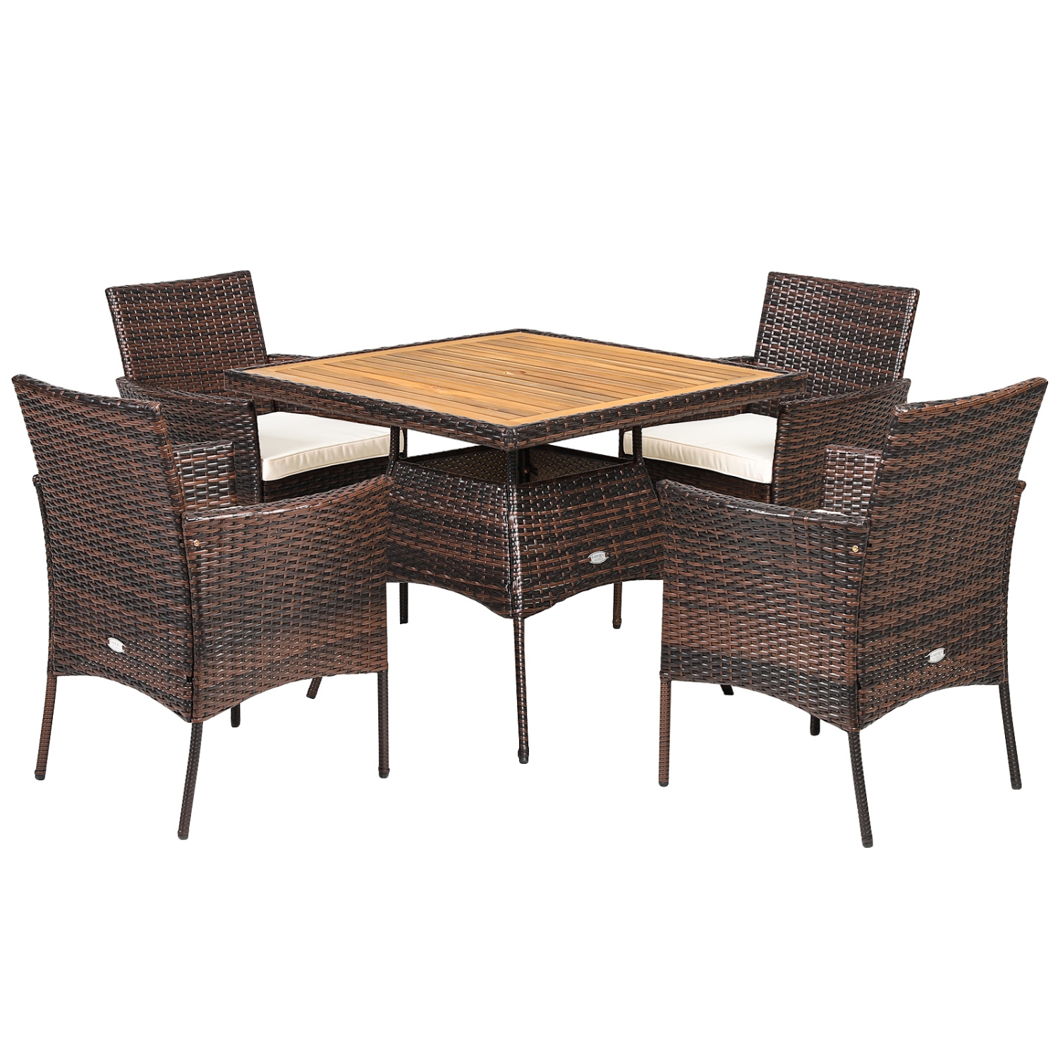 Patiojoy Patio Rattan Conversation Set Outdoor Dining Table & Armchair Set w/Cushions & Umbrella Hole