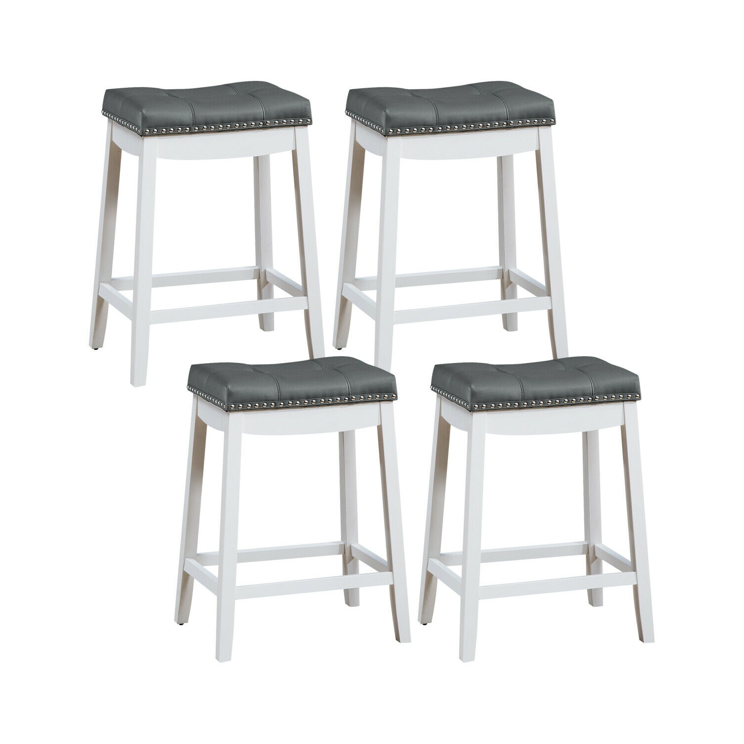 Topbuy 4 PCS Saddle Bar Stools Backless Nailhead Counter Stool with Grey Cushions White/Coffee