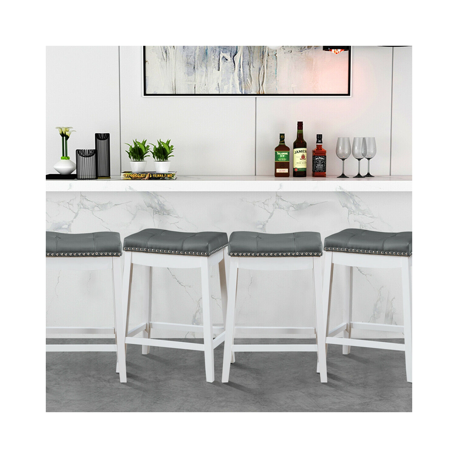 Topbuy 4 PCS Saddle Bar Stools Backless Nailhead Counter Stool with Grey Cushions White/Coffee