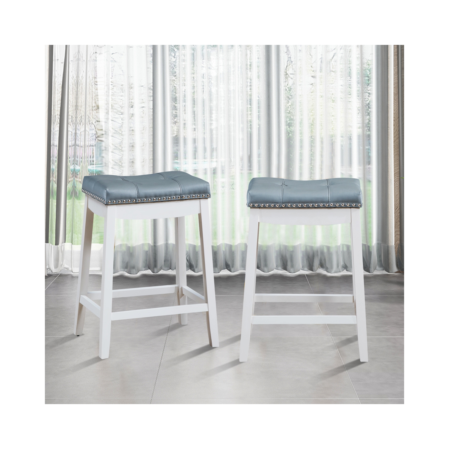 Topbuy 4 PCS Saddle Bar Stools Backless Nailhead Counter Stool with Grey Cushions White/Coffee