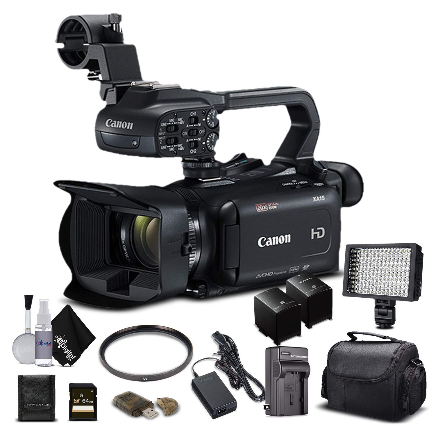 Canon XA15 Compact Full HD Camcorder 2217C002 with 64GB Memory Card, Extra Battery and Charger, UV Filter, LED Light, Ca