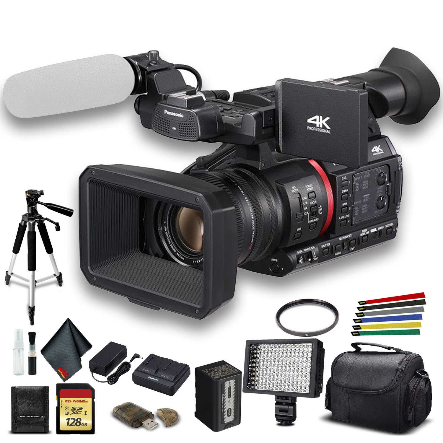 Panasonic AG-CX350 4K Camcorder Bundle with Padded Case, 128 GB Memory Card, Heavy Duty Tripod, Wire Straps, LED Light, and More