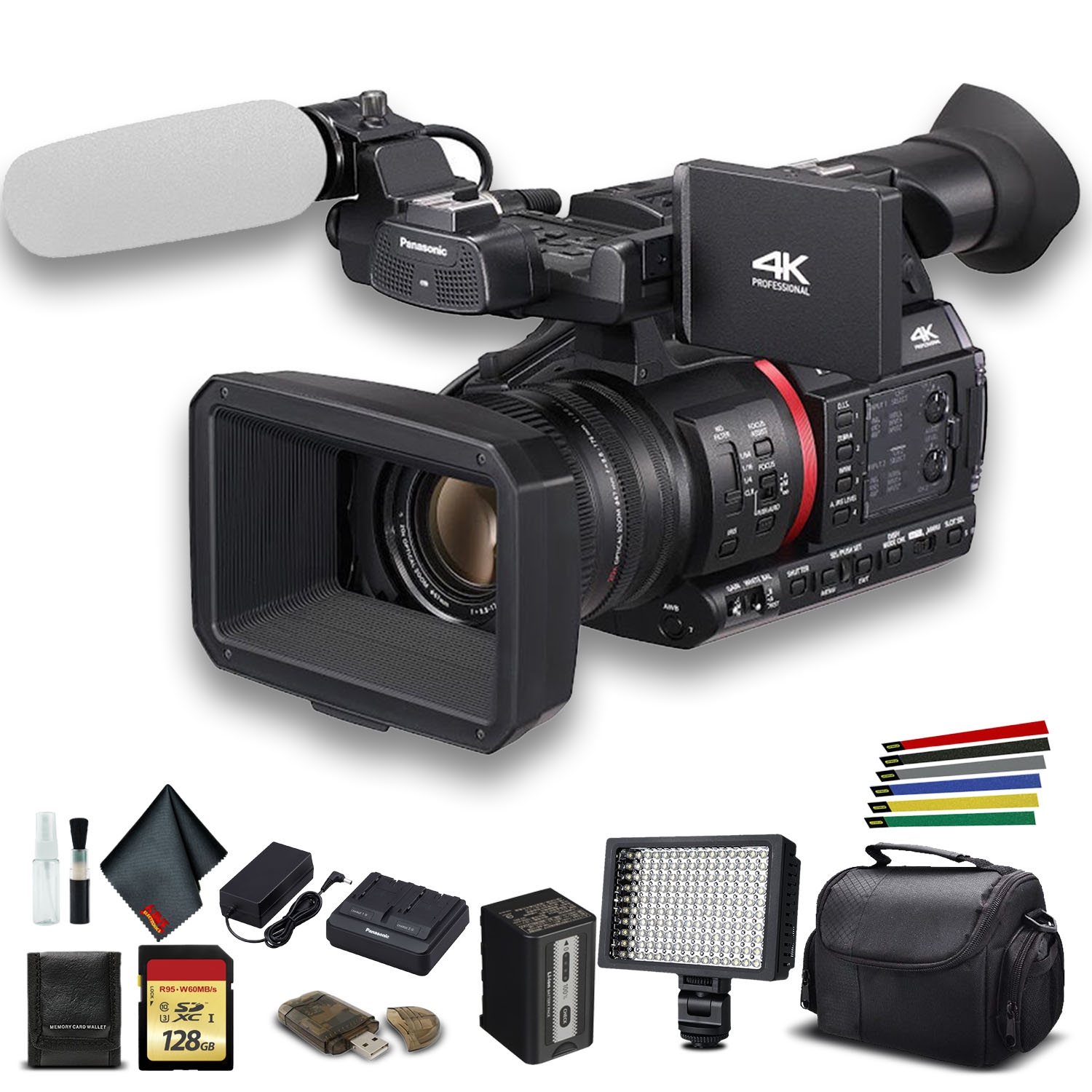 Panasonic AG-CX350 4K Camcorder Bundle with Padded Case, 128 GB Memory Card, Wire Straps, LED Light, and More