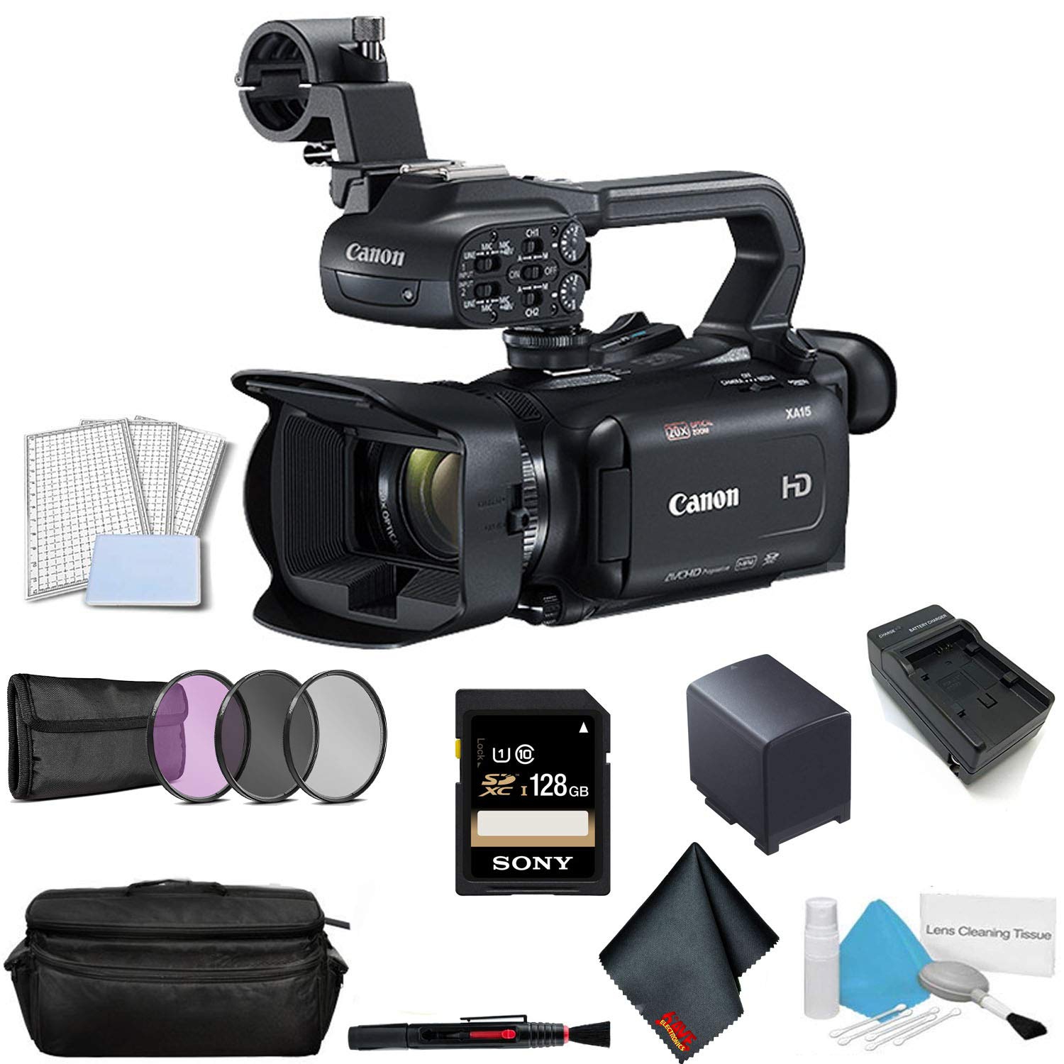 Canon XA15 Compact Full HD Camcorder with SDI, HDMI, and Composite Output Bundle with 128GB Memory Card + Spare Battery