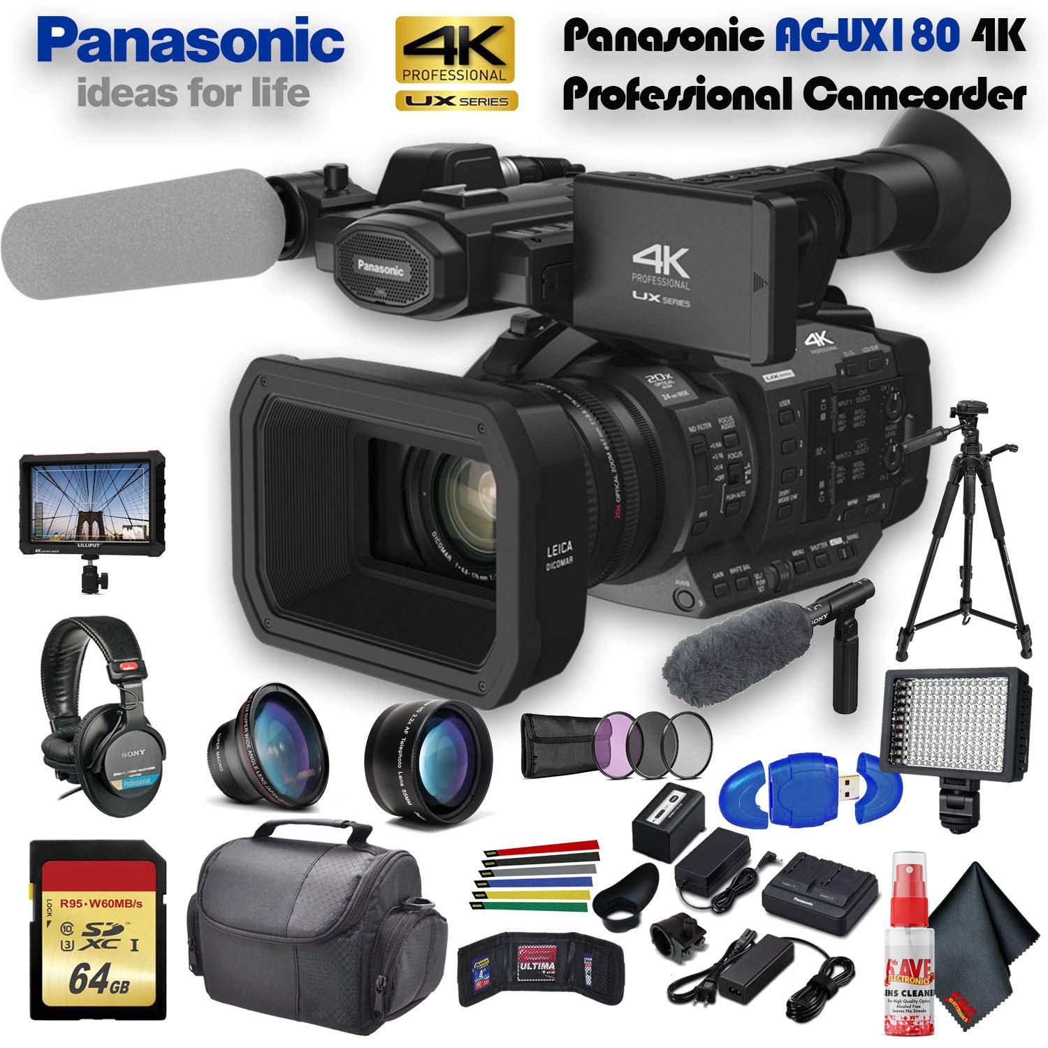 Panasonic AG-UX180 4K Professional Camcorder (AG-UX180PJ8) with Tripod, Padded Case, LED Light, 64GB Memory Card, Sony H