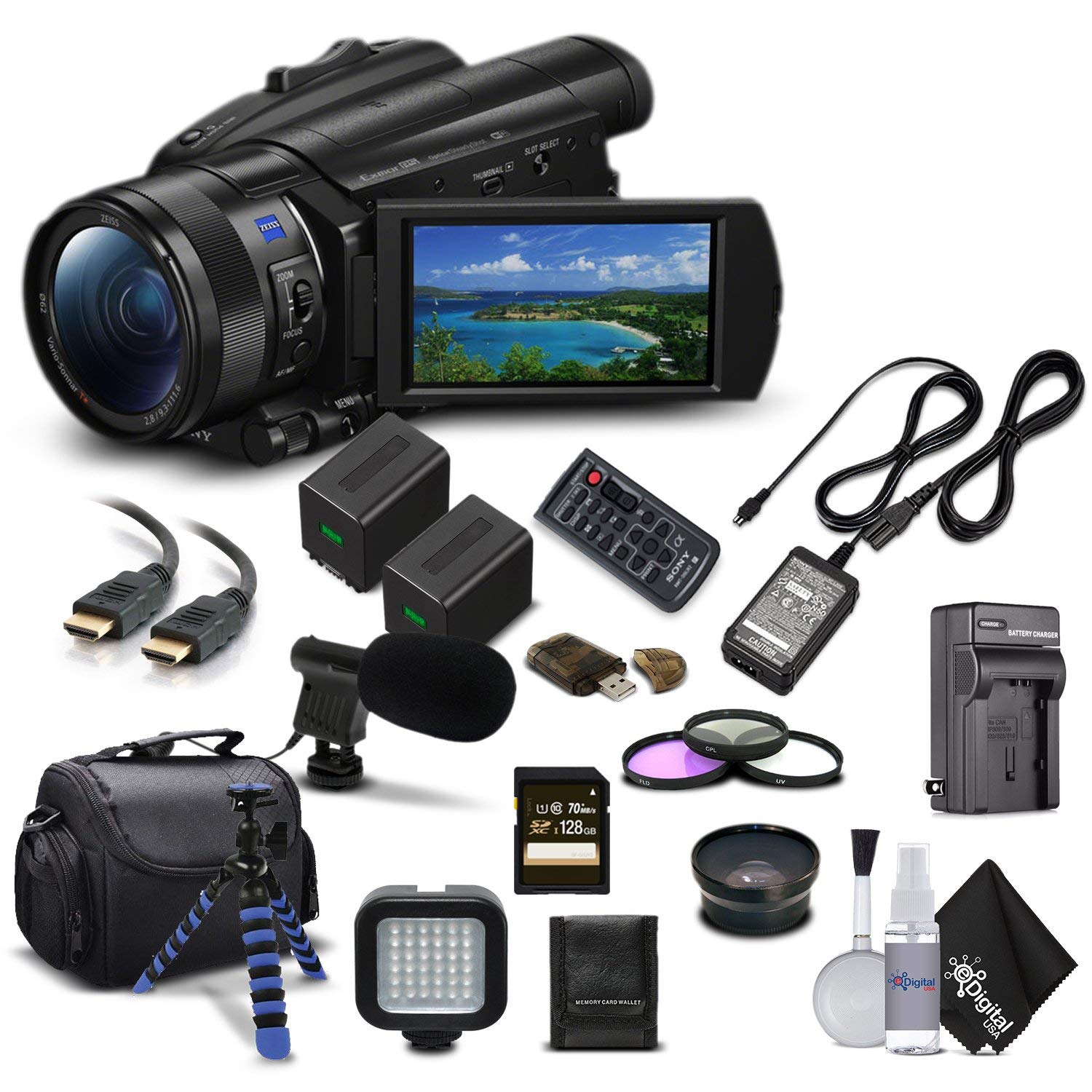 Sony Handycam FDR-AX700 4K HD Video Camera Camcorder + Extra Battery and Charger + 3 Piece Filter Kit + Wide Angle Lens