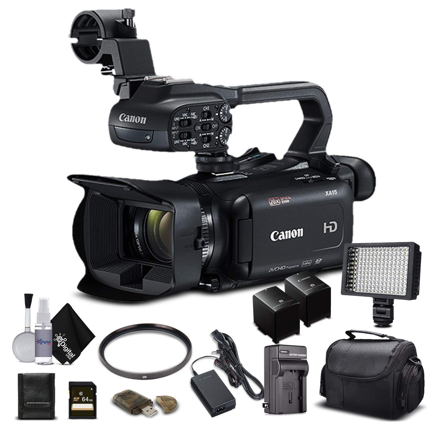 Canon XA11 Compact Full HD Camcorder 2218C002 with 64GB Memory Card, Extra Battery and Charger, UV Filter, LED Light, Ca