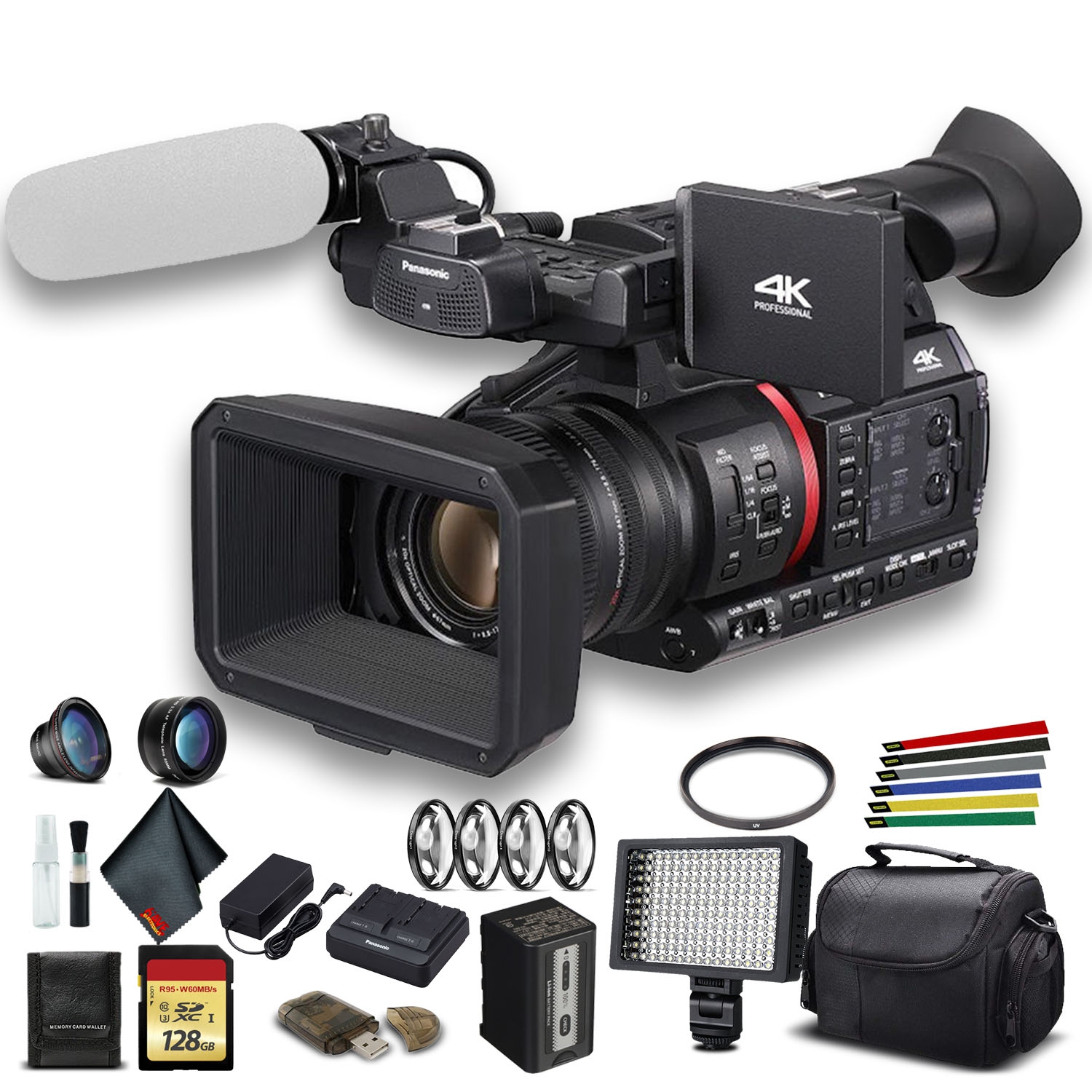 Panasonic AG-CX350 4K Camcorder Bundle with Padded Case, 128 GB Memory Card, Lens Attachments, Wire Straps, LED Light, and More