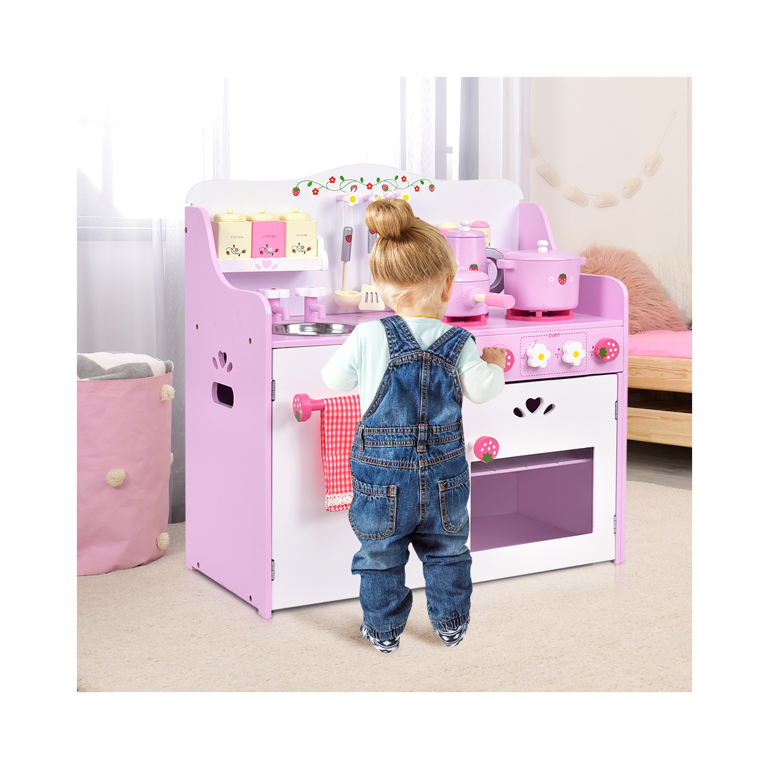 Topbuy Kids Wooden Kitchen Lovely Pretend Cooking PlaySet for Toddler
