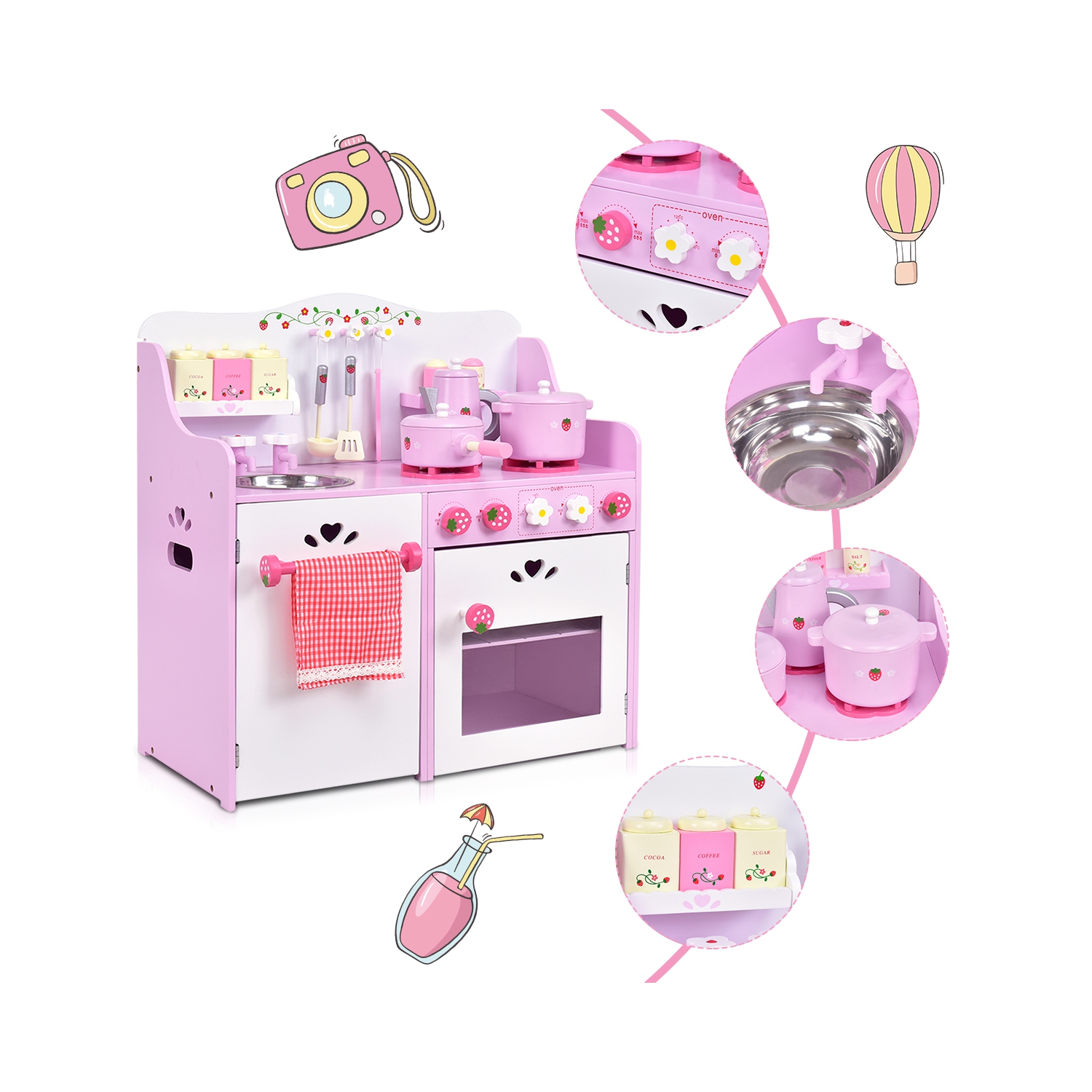 Topbuy Kids Wooden Kitchen Lovely Pretend Cooking PlaySet for Toddler