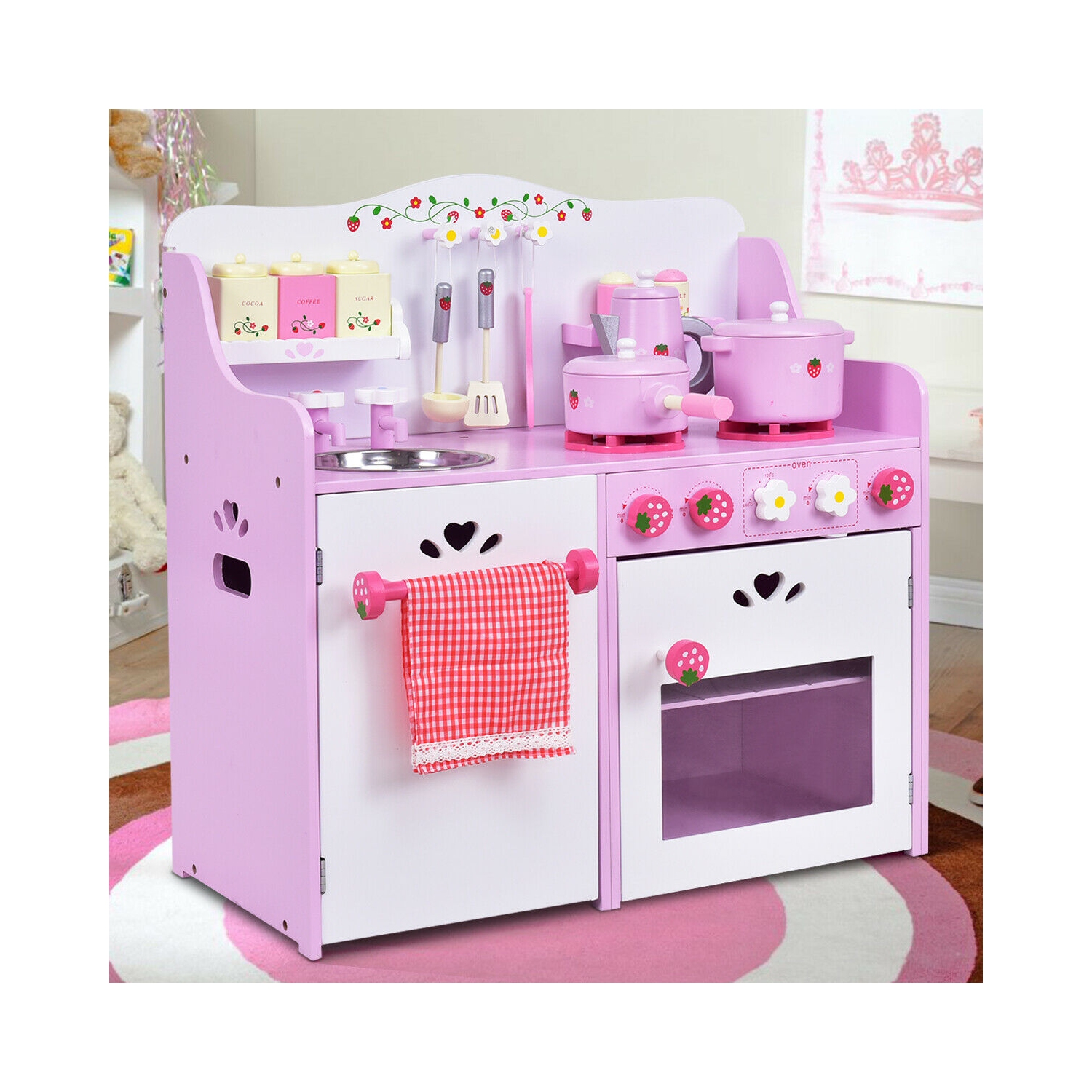 Topbuy Kids Wooden Kitchen Lovely Pretend Cooking PlaySet for Toddler