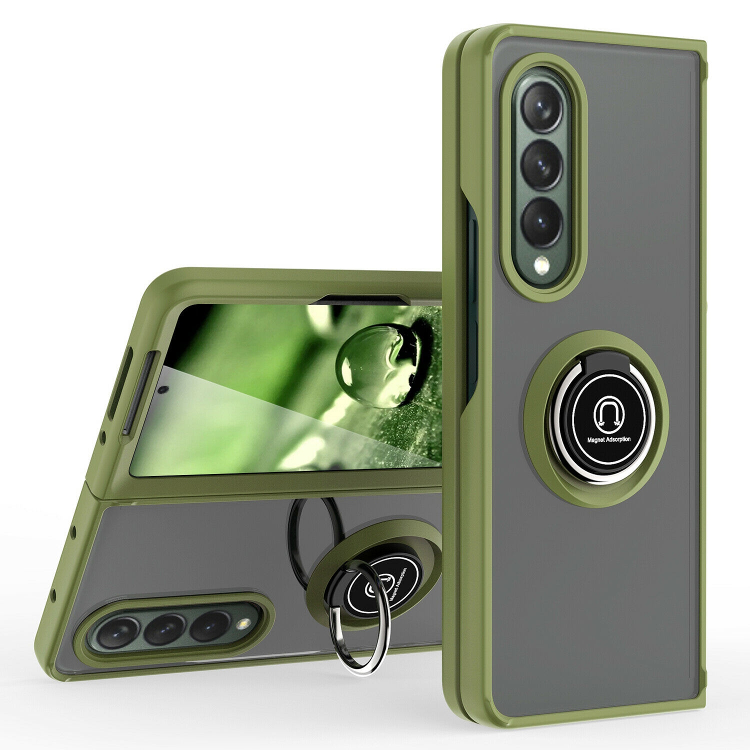 【CSmart】 Anti-Drop Rubberized Hybrid Magnetic Armor Case with Ring Holder for Samsung Galaxy Z Fold 3 5G, Midnight Green