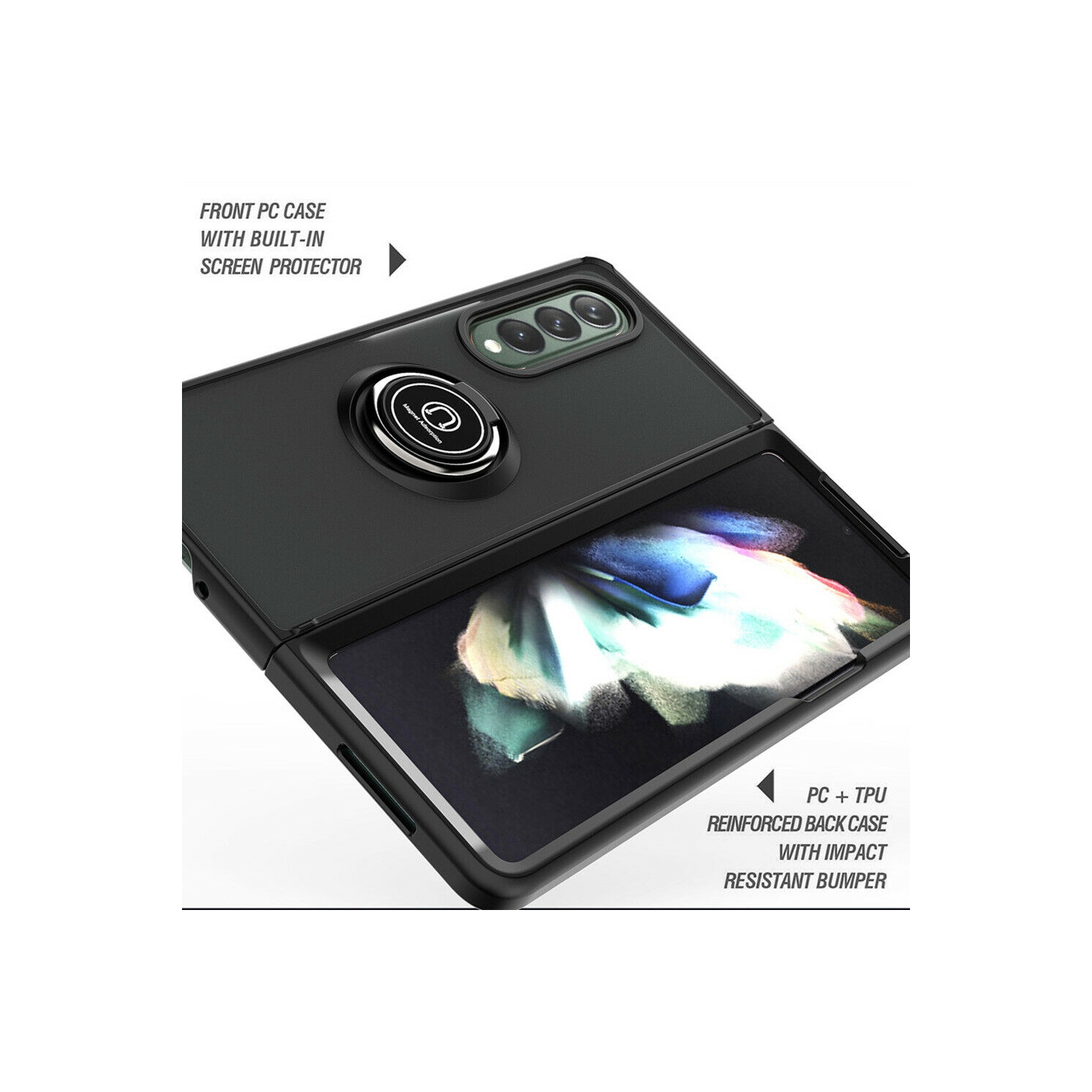 【CSmart】 Anti-Drop Rubberized Hybrid Magnetic Armor Case with Ring Holder for Samsung Galaxy Z Fold 3 5G, Midnight Green