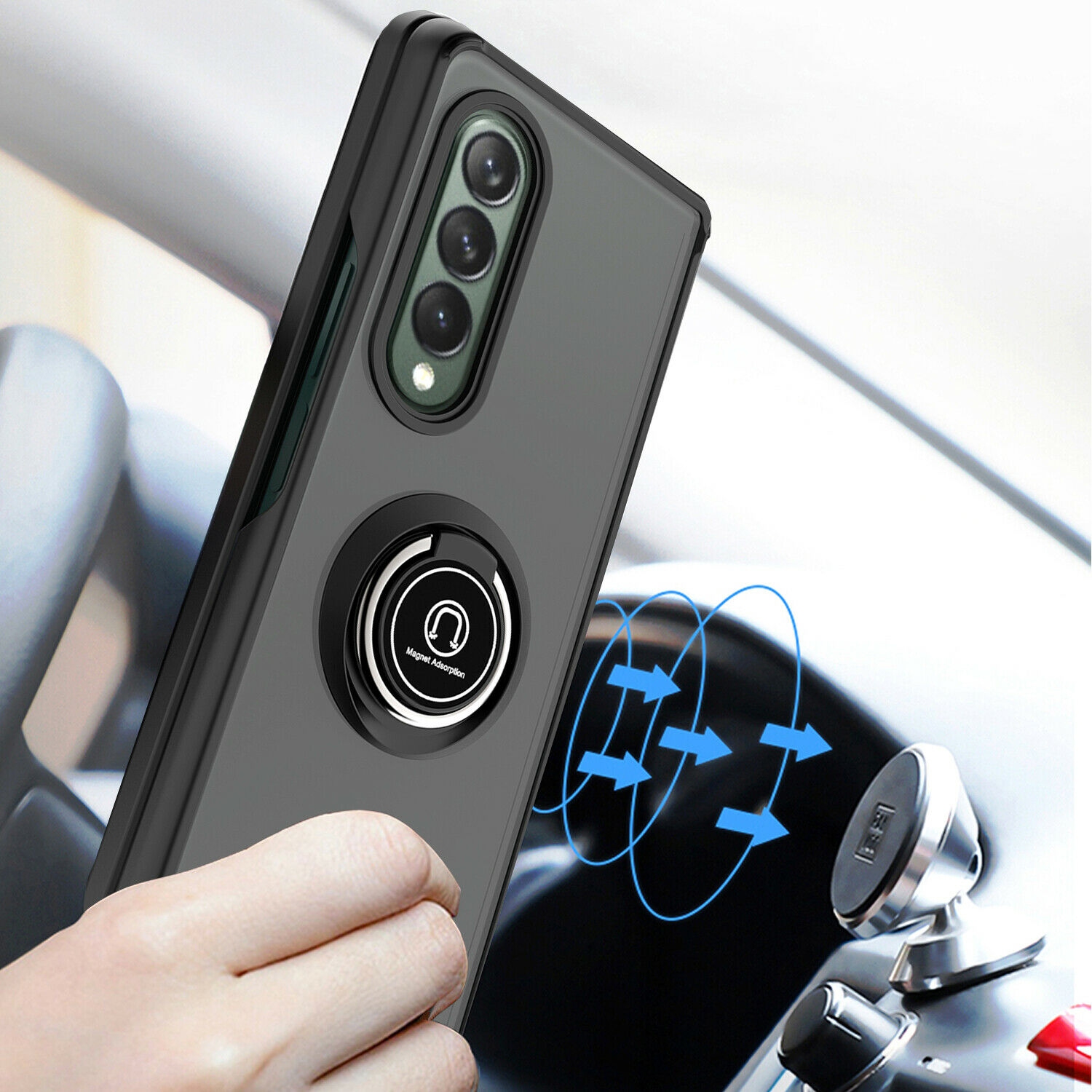 【CSmart】 Anti-Drop Rubberized Hybrid Magnetic Armor Case with Ring Holder for Samsung Galaxy Z Fold 3 5G, Midnight Green