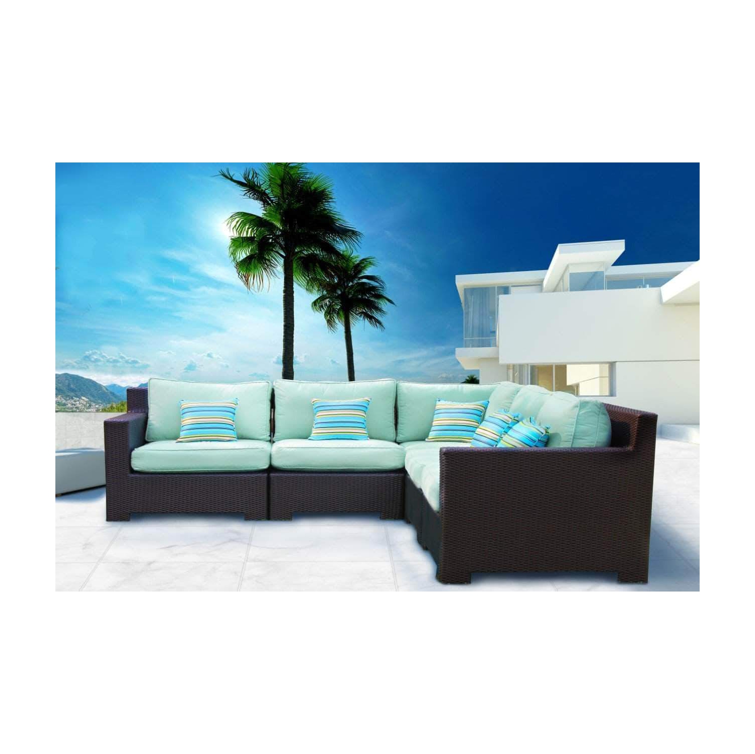 CIEUX Provence Outdoor Patio Wicker Rattan Modular Corner Sectional Sofa in Blue