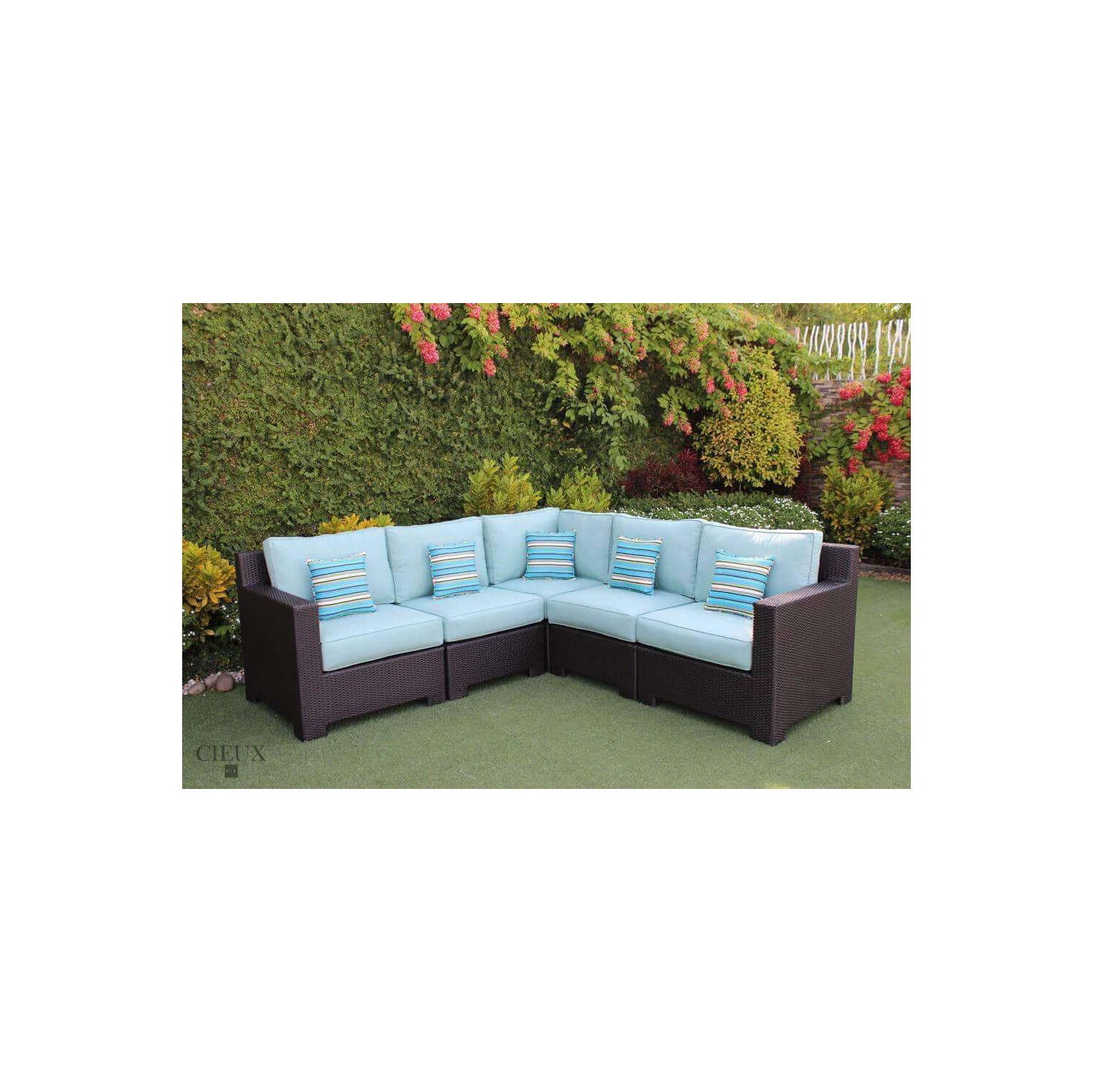 CIEUX Provence Outdoor Patio Wicker Rattan Modular Corner Sectional Sofa in Blue