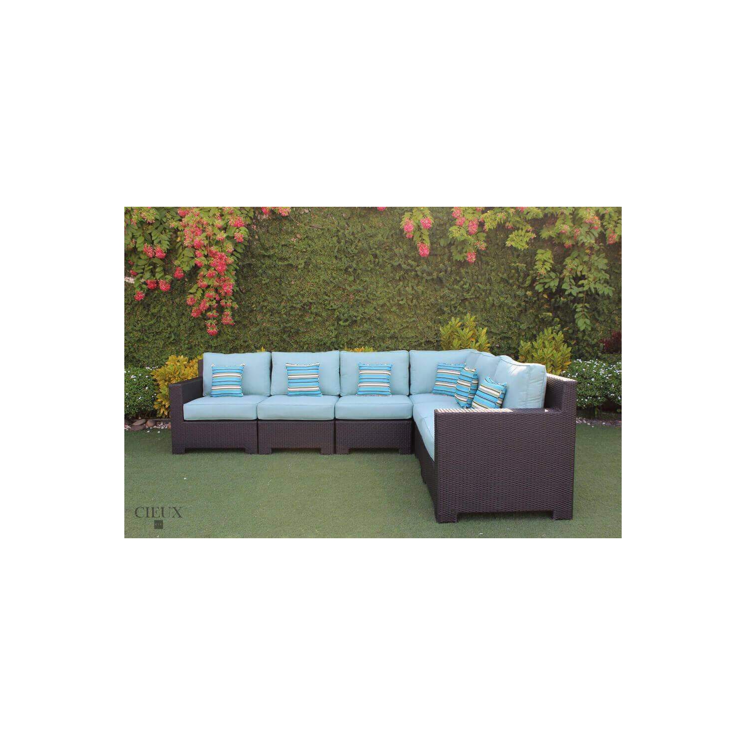 CIEUX Provence Outdoor Patio Wicker Rattan Modular L-Shaped Sectional Sofa in Blue
