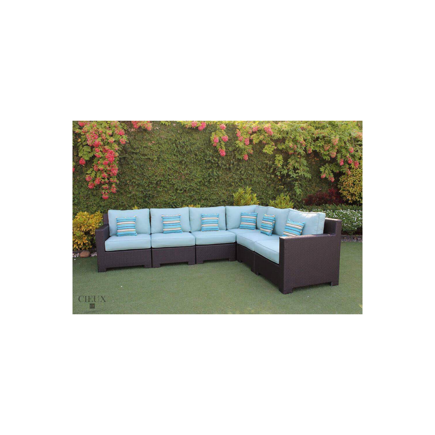 CIEUX Provence Outdoor Patio Wicker Rattan Modular L-Shaped Sectional Sofa in Blue