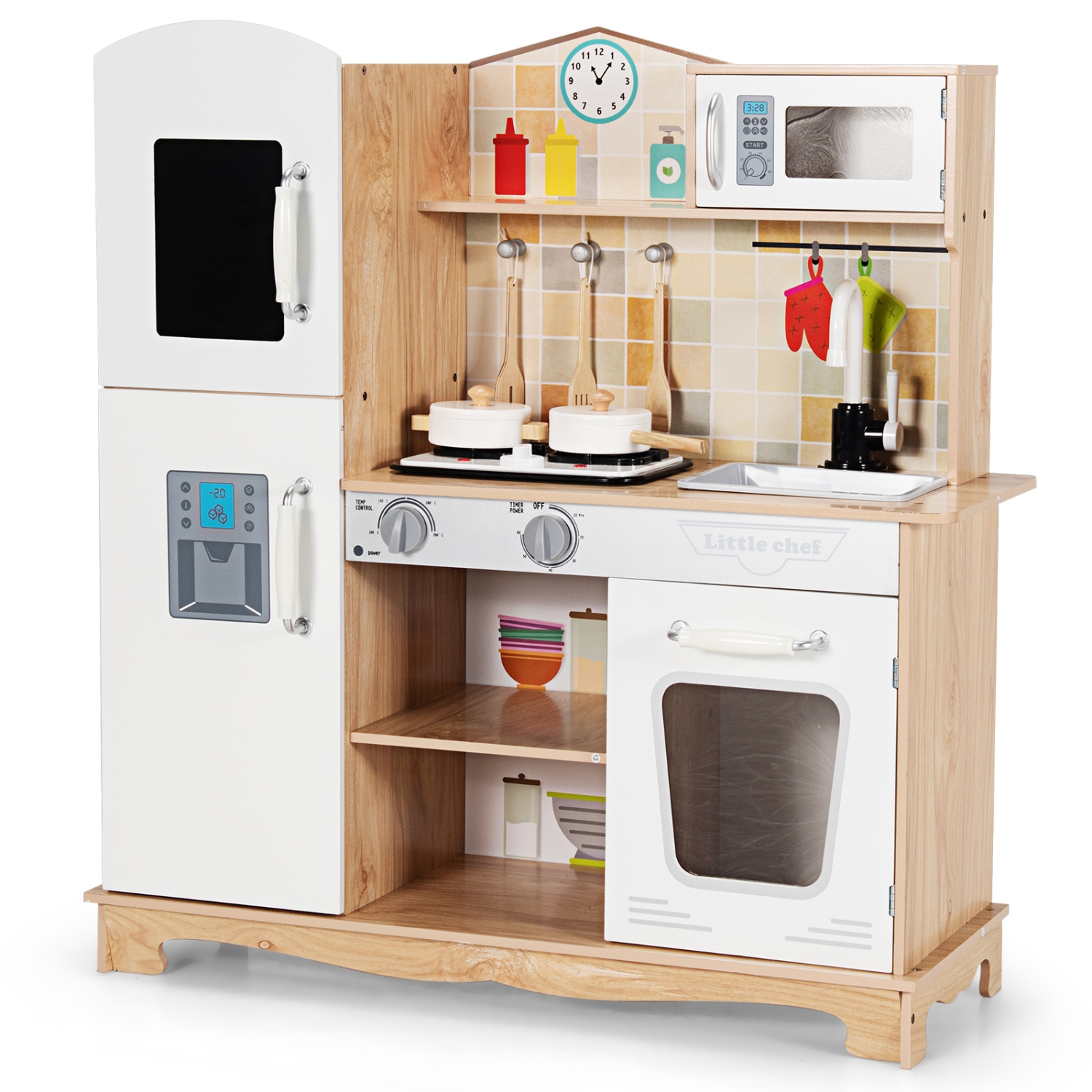 Topbuy Wooden Kids Kitchen Playset Cooking Play Toy with Cookware Utensils&Stove Toddlers Wooden Play Kitchen