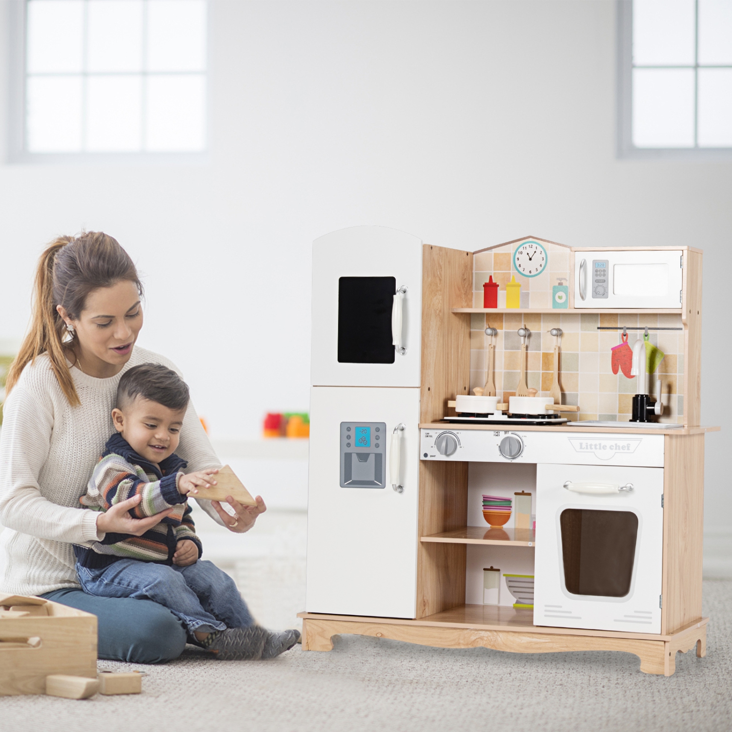 Topbuy Wooden Kids Kitchen Playset Cooking Play Toy with Cookware Utensils&Stove Toddlers Wooden Play Kitchen