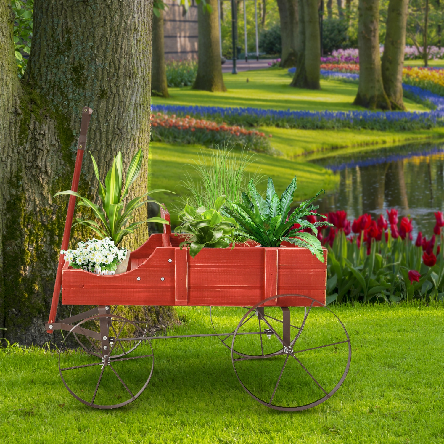 Topbuy Wooden Garden Flower Planter Wagon Wheel Plant Bed Decorative Garden Planter for Backyard Garden Red