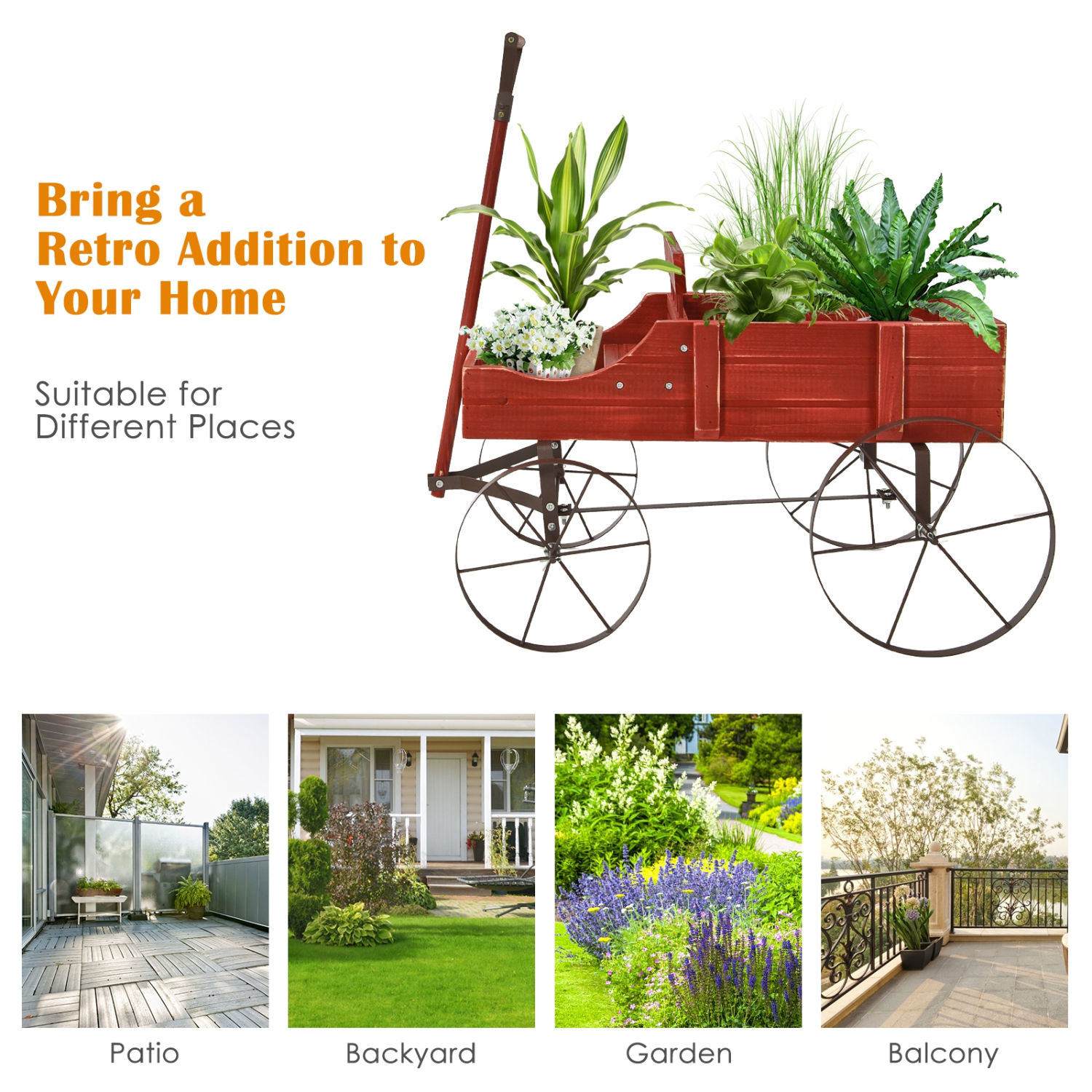Topbuy Wooden Garden Flower Planter Wagon Wheel Plant Bed Decorative Garden Planter for Backyard Garden Red