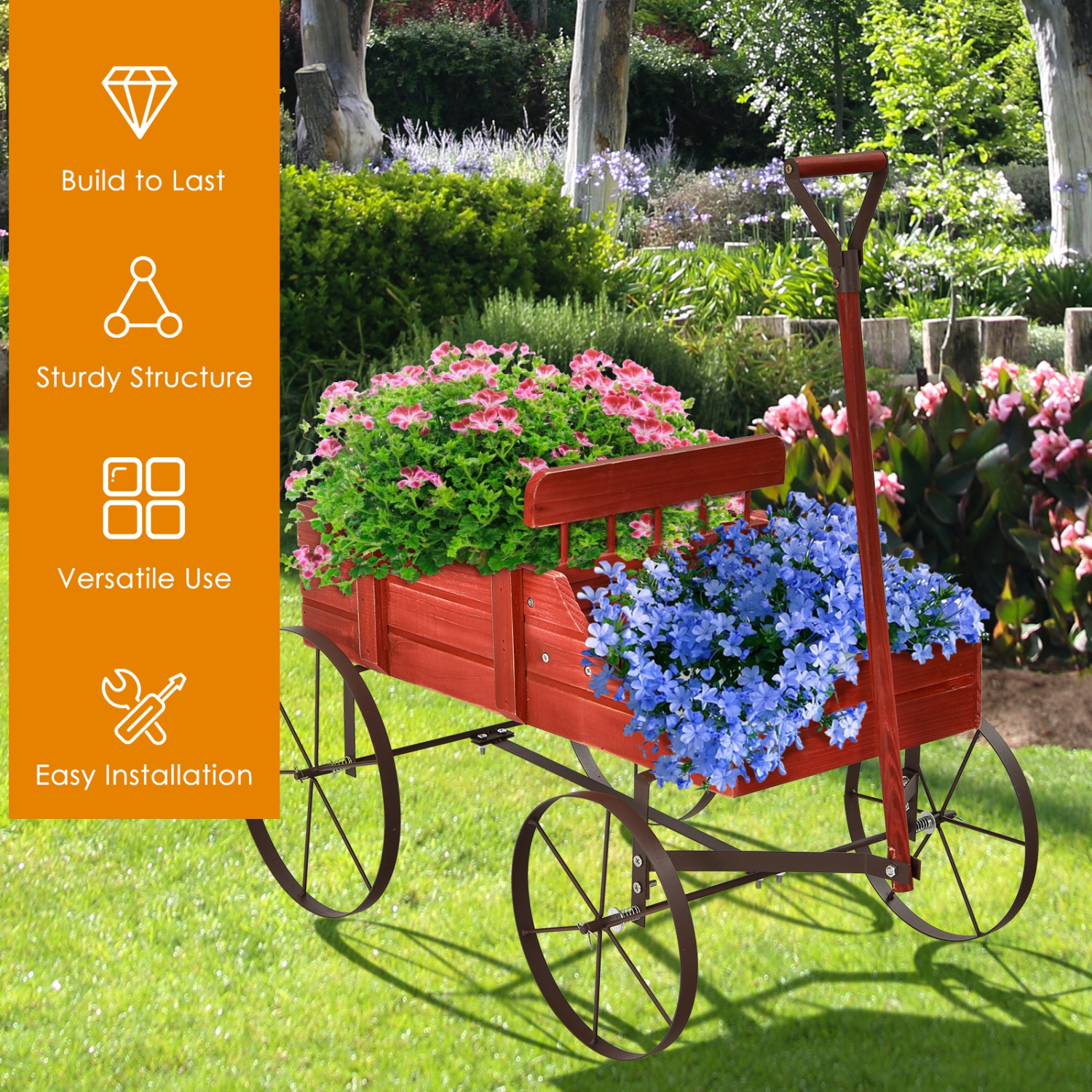 Topbuy Wooden Garden Flower Planter Wagon Wheel Plant Bed Decorative Garden Planter for Backyard Garden Red
