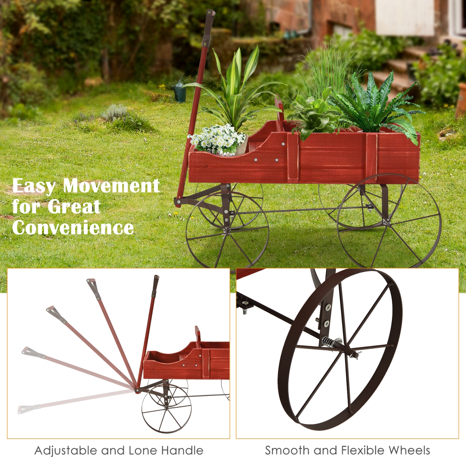Topbuy Wooden Garden Flower Planter Wagon Wheel Plant Bed Decorative Garden Planter for Backyard Garden Red