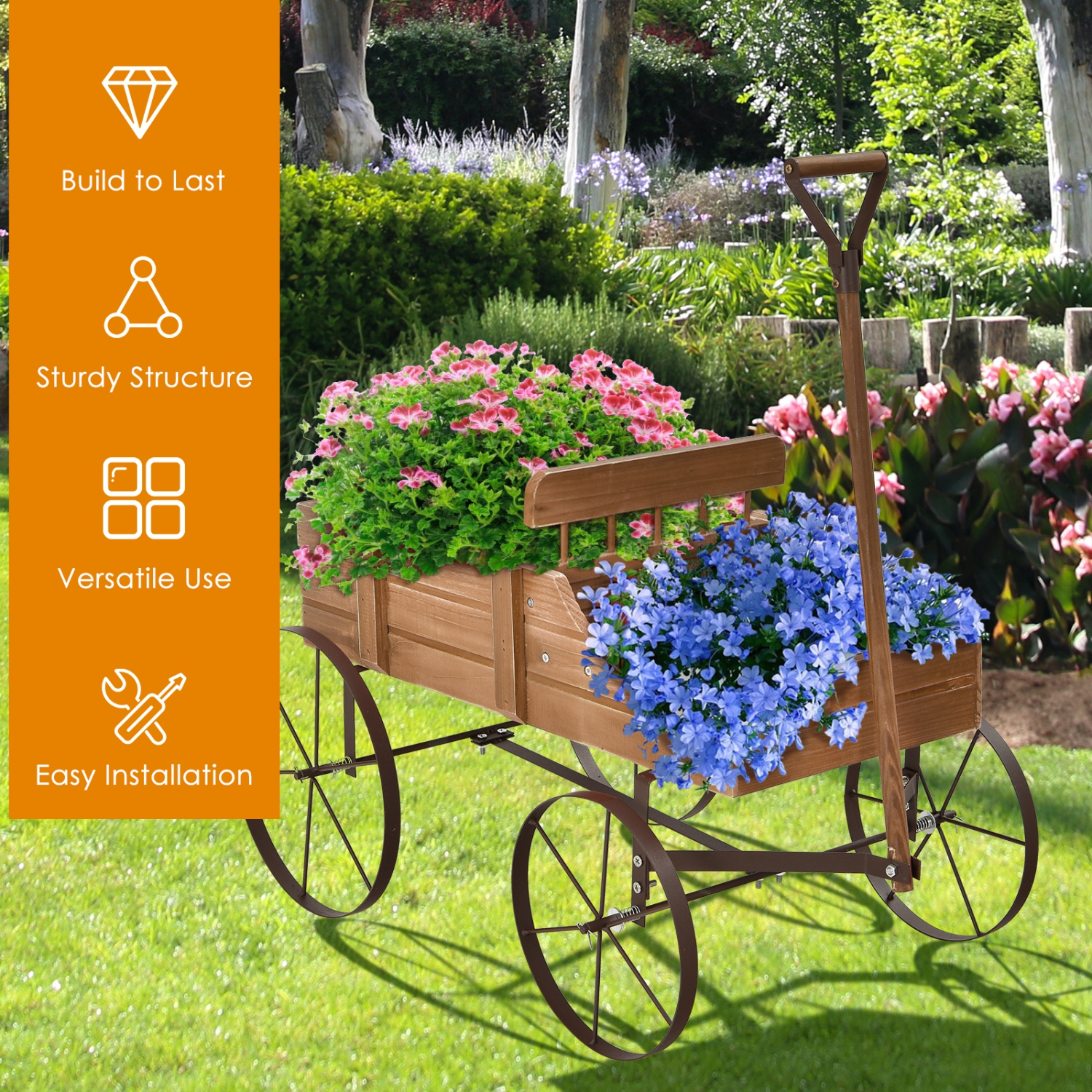 TopBuy – jardinière en bois en forme de fleur en forme de chariot, jardinière décorative en forme de roue pour jardin brun jardin