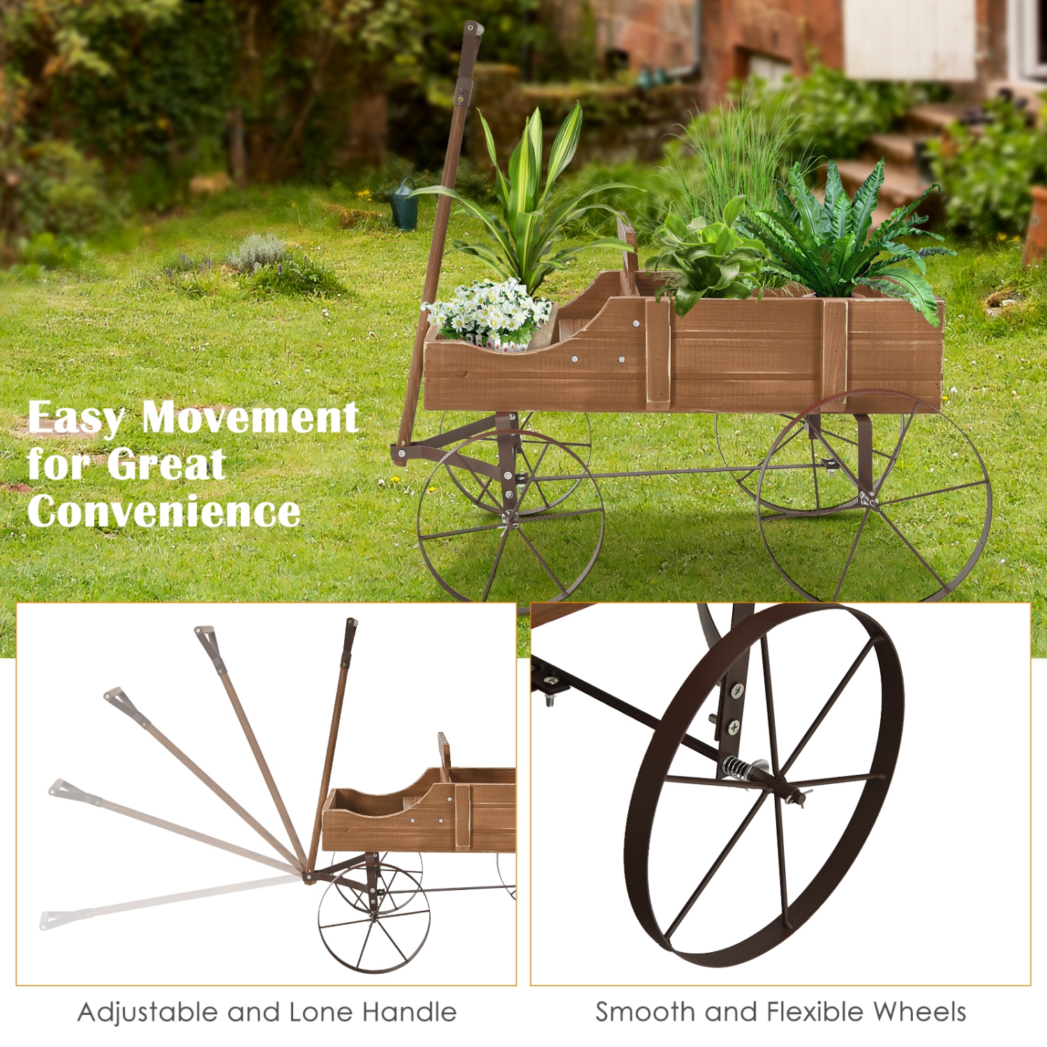 TopBuy – jardinière en bois en forme de fleur en forme de chariot, jardinière décorative en forme de roue pour jardin brun jardin