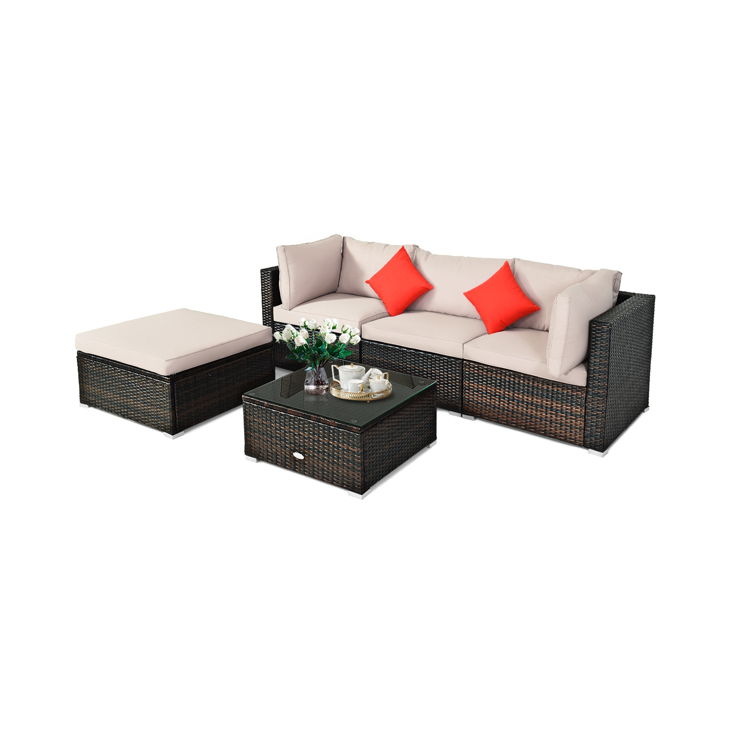 Topbuy 5-Piece Outdoor Patio Sectional Rattan Wicker Sofa Set w/ Cushion