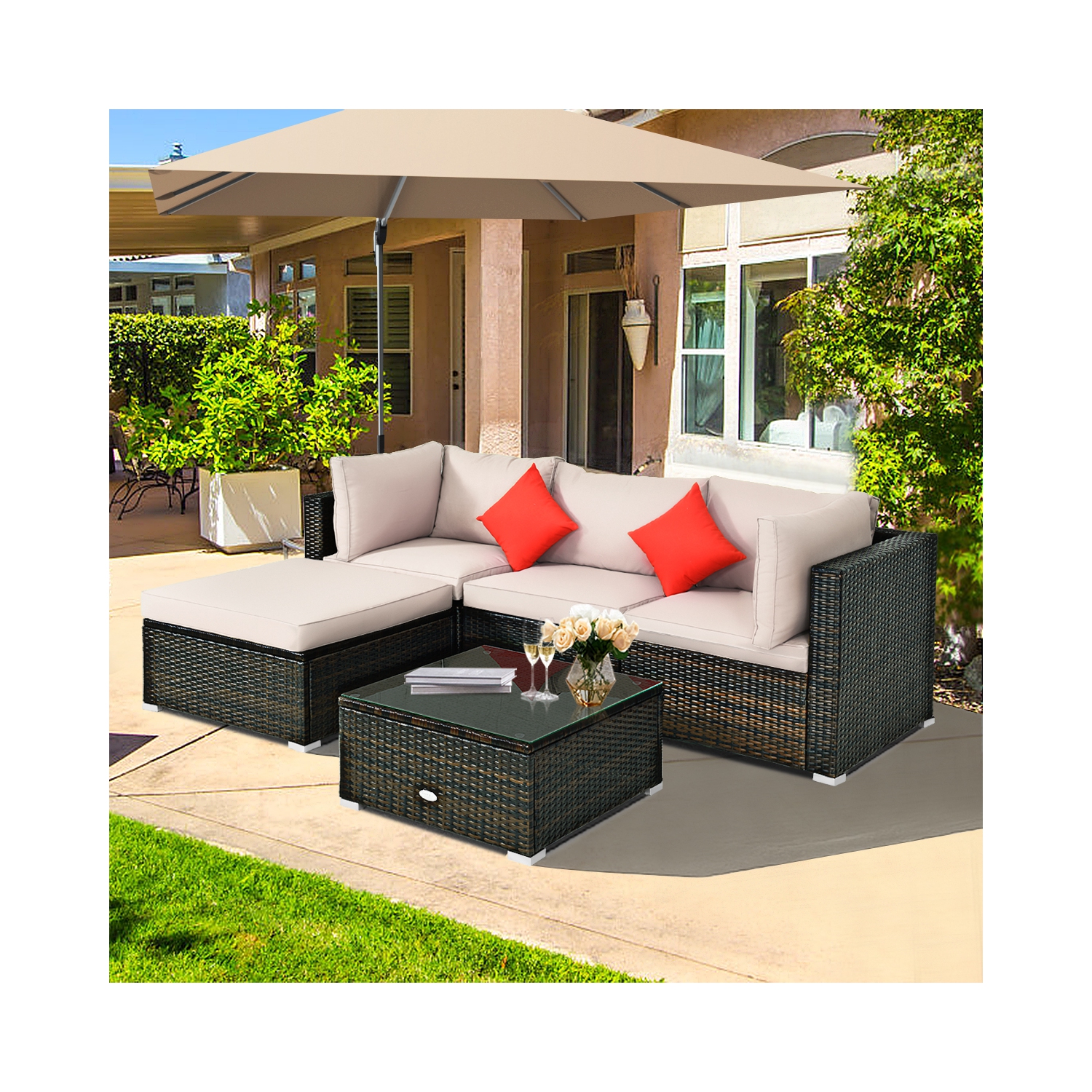 Topbuy 5-Piece Outdoor Patio Sectional Rattan Wicker Sofa Set w/ Cushion