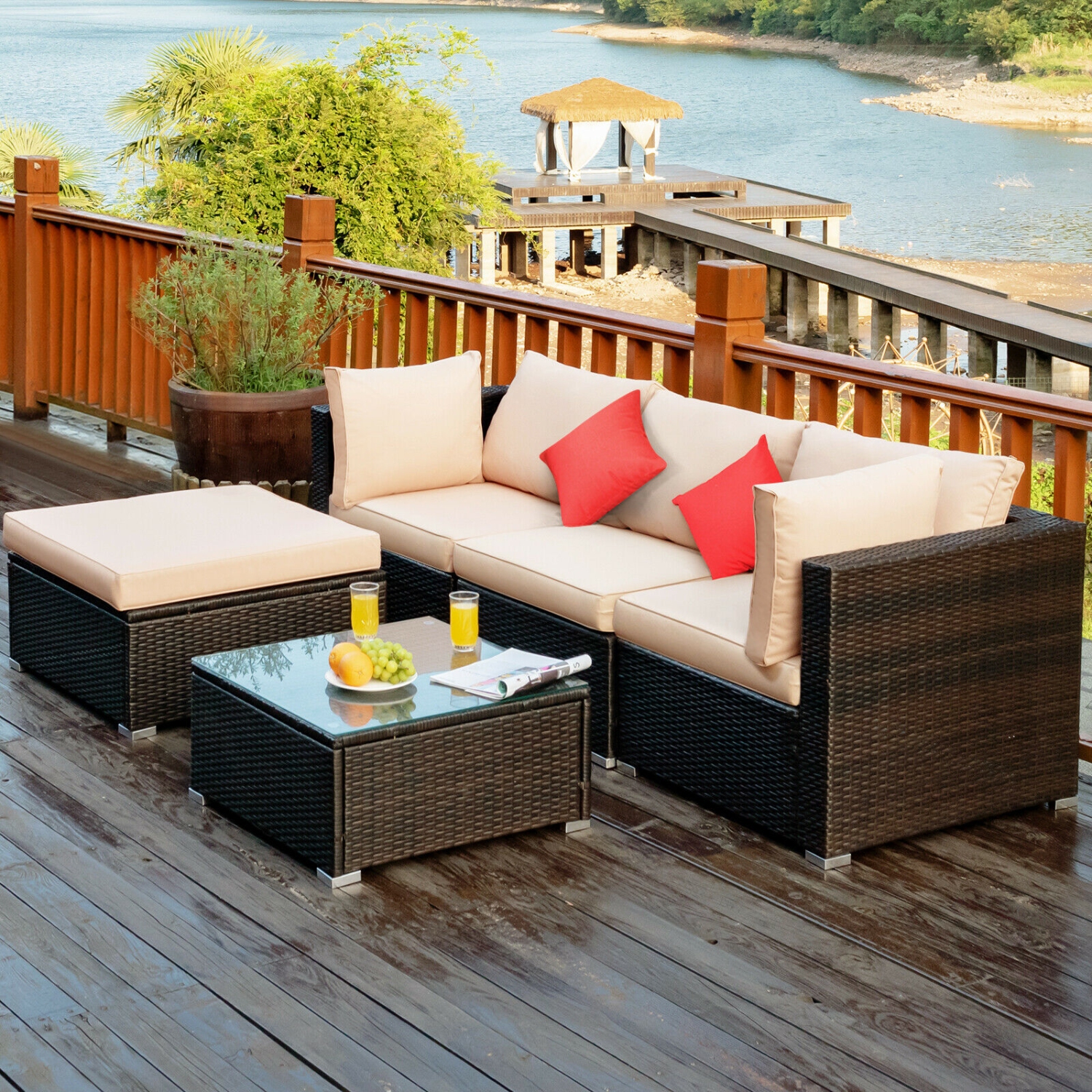 Topbuy 5-Piece Outdoor Patio Sectional Rattan Wicker Sofa Set w/ Cushion