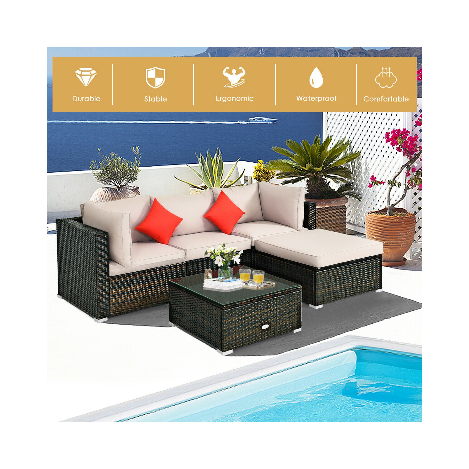 Topbuy 5-Piece Outdoor Patio Sectional Rattan Wicker Sofa Set w/ Cushion