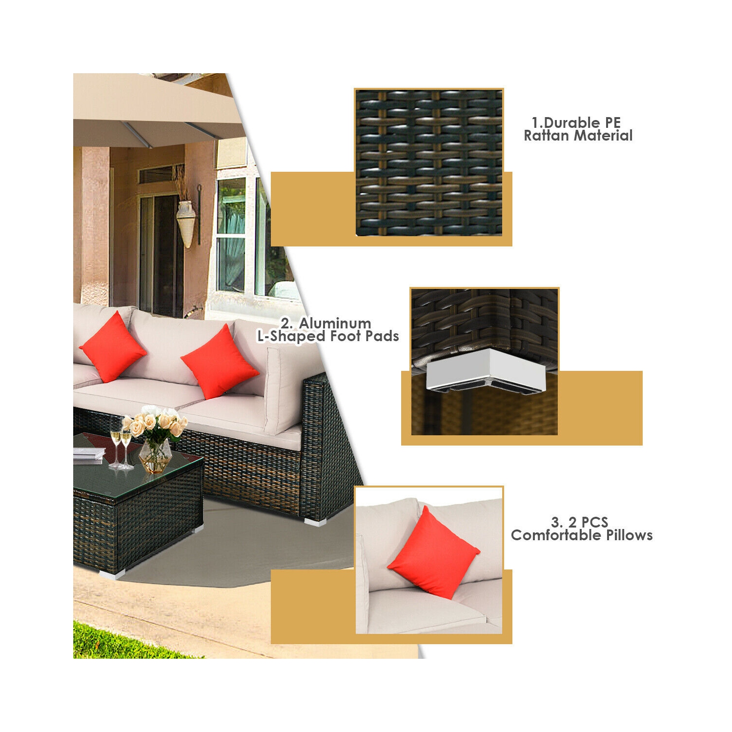 Topbuy 5-Piece Outdoor Patio Sectional Rattan Wicker Sofa Set w/ Cushion