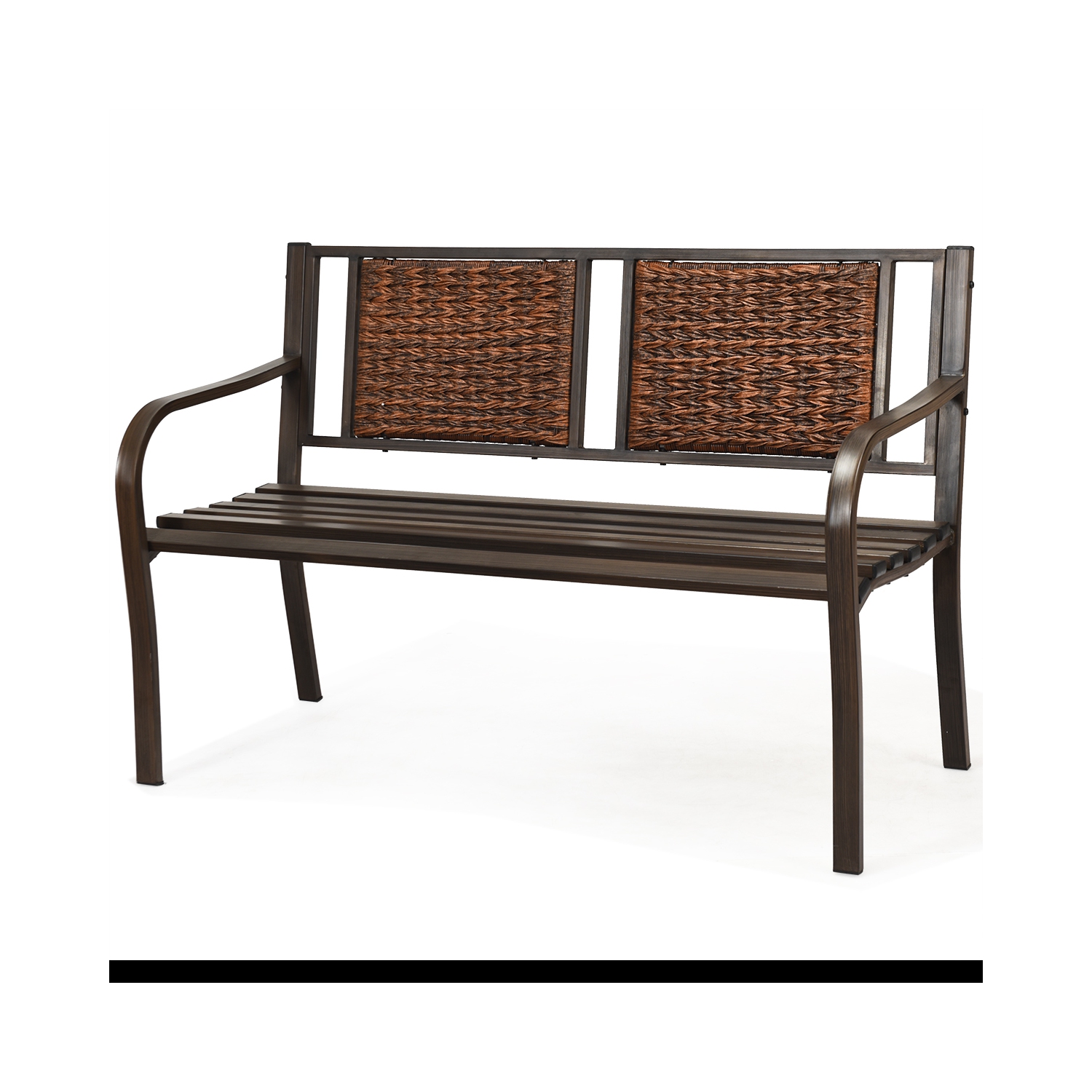 Topbuy Patio Garden Bench Rattan Backrest Park Bench Heavy-Duty Metal Chair Seat