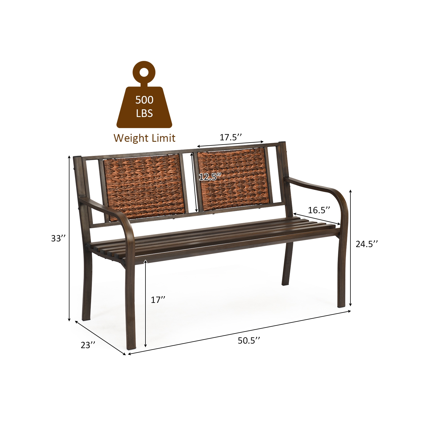 Topbuy Patio Garden Bench Rattan Backrest Park Bench Heavy-Duty Metal Chair Seat