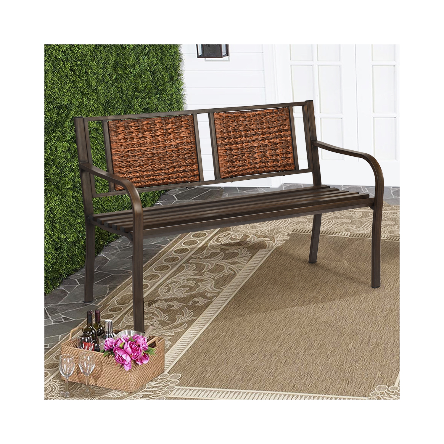 Topbuy Patio Garden Bench Rattan Backrest Park Bench Heavy-Duty Metal Chair Seat