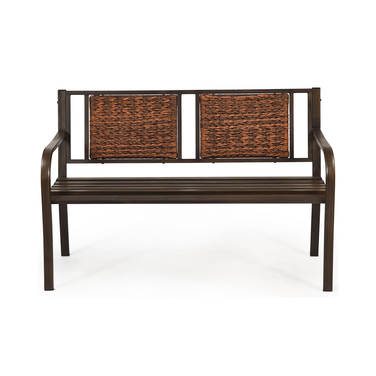 Topbuy Patio Garden Bench Rattan Backrest Park Bench Heavy-Duty Metal Chair Seat