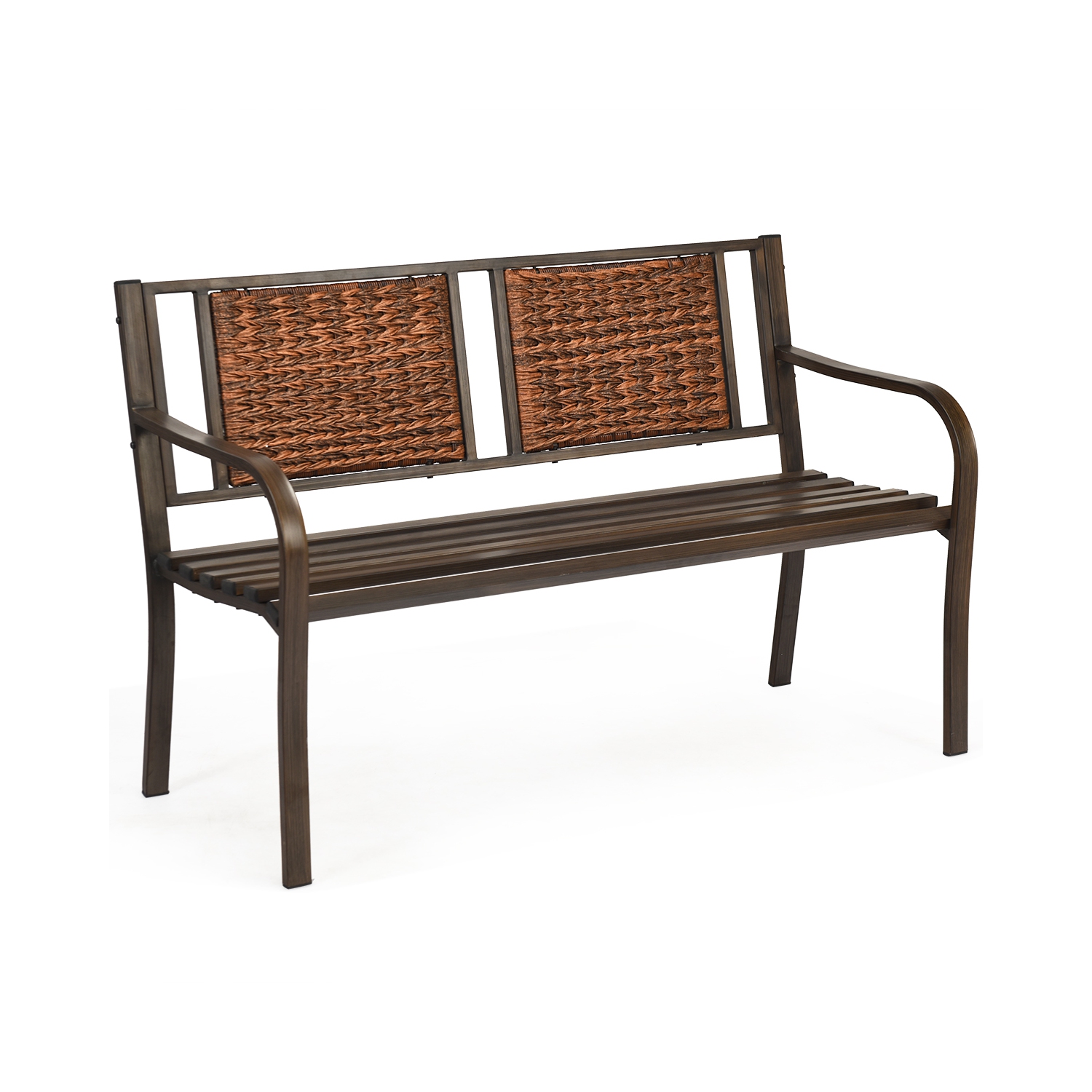 Topbuy Patio Garden Bench Rattan Backrest Park Bench Heavy-Duty Metal Chair Seat