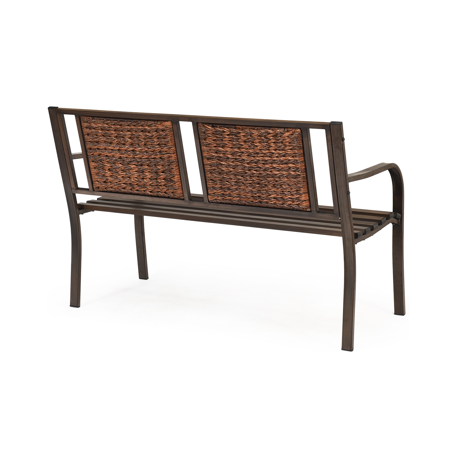 Topbuy Patio Garden Bench Rattan Backrest Park Bench Heavy-Duty Metal Chair Seat