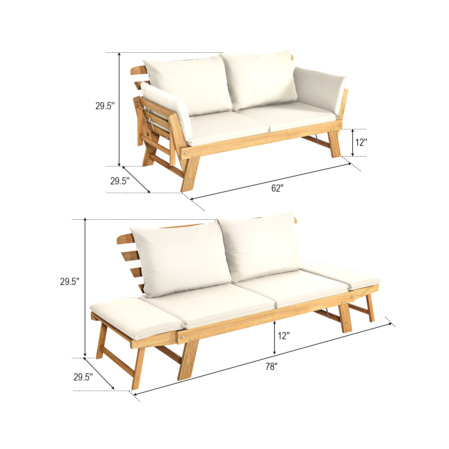Topbuy Outdoor Folding Daybed Patio Acacia Wood Convertible Couch Sofa Bed TurquoiseRed WhiteDark Grey